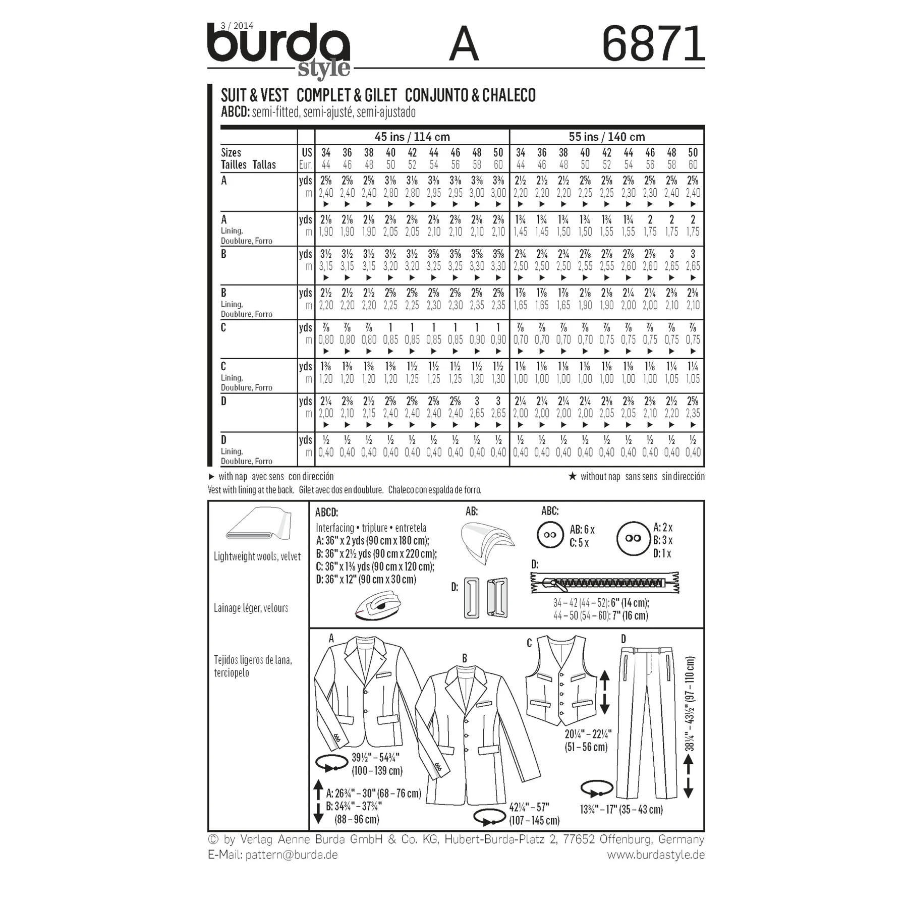 Burda Style Sewing Pattern Men's Suit/Sportswear 2 Burda Style Sewing Pattern Men's Suit/Sportswear