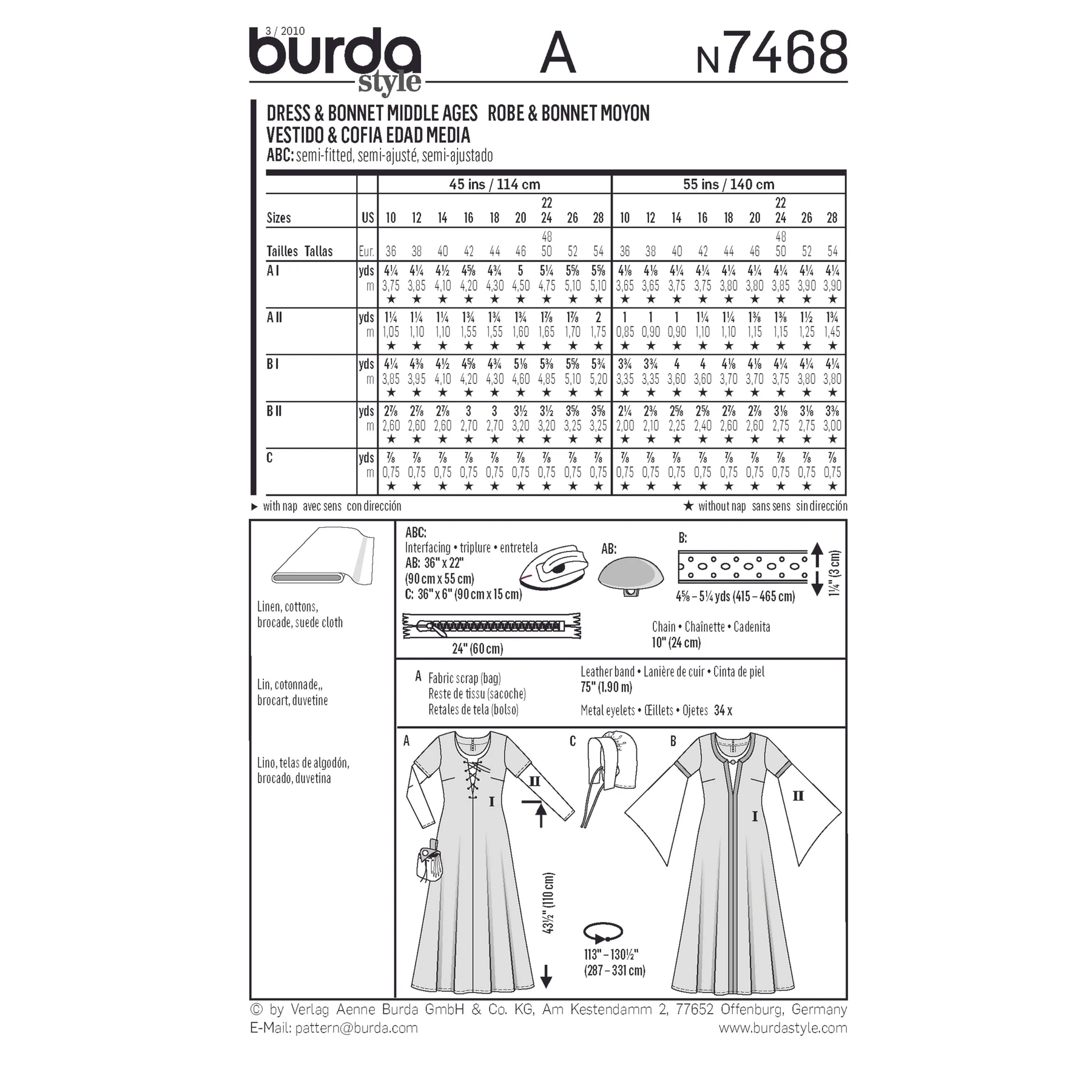 Burda Style Sewing Pattern Dress & Bonnet Middle Ages