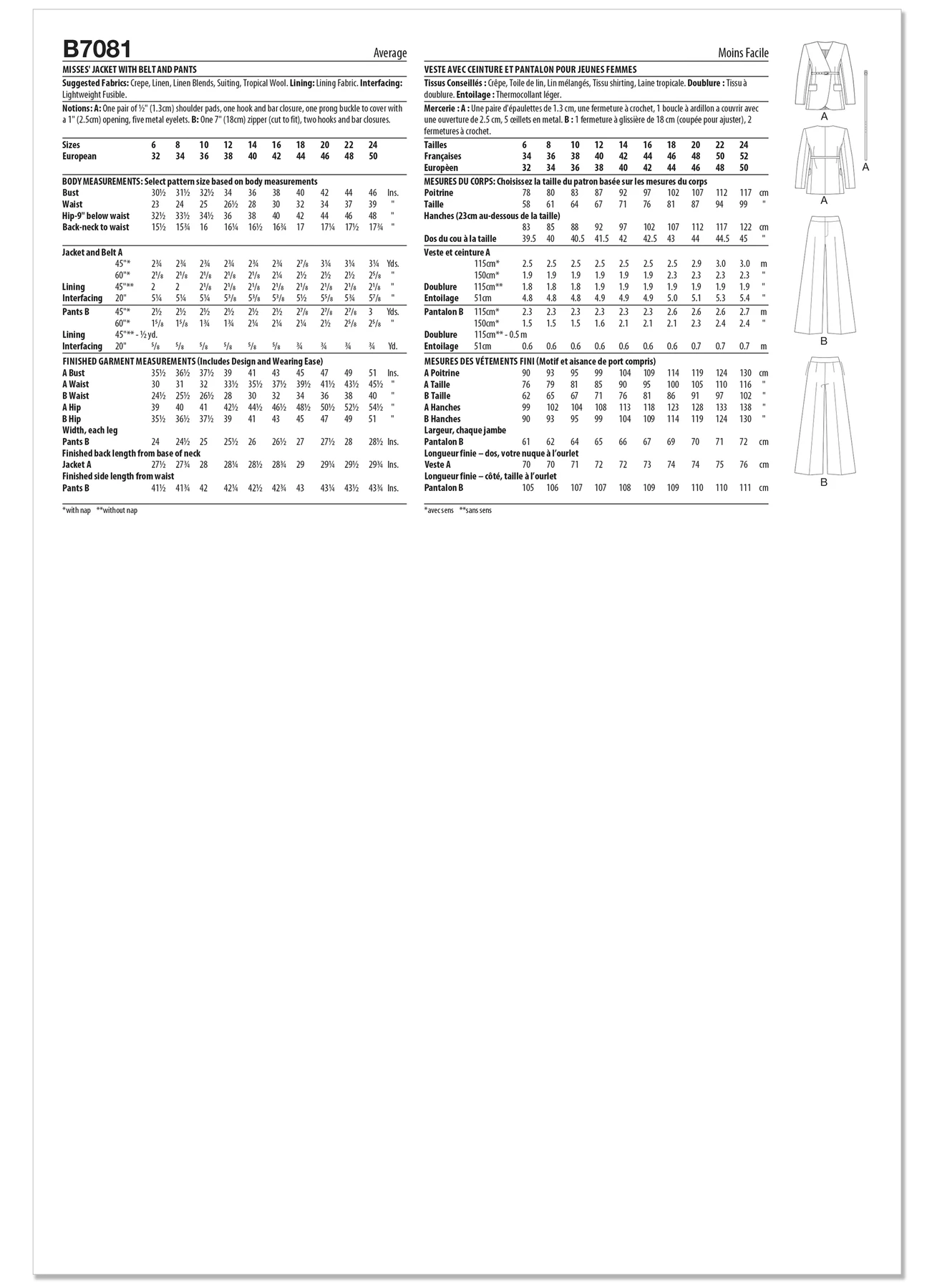 Butterick Sewing Pattern Misses' Jacket with Belt and Pants 8 Butterick Sewing Pattern Misses' Jacket with Belt and Pants