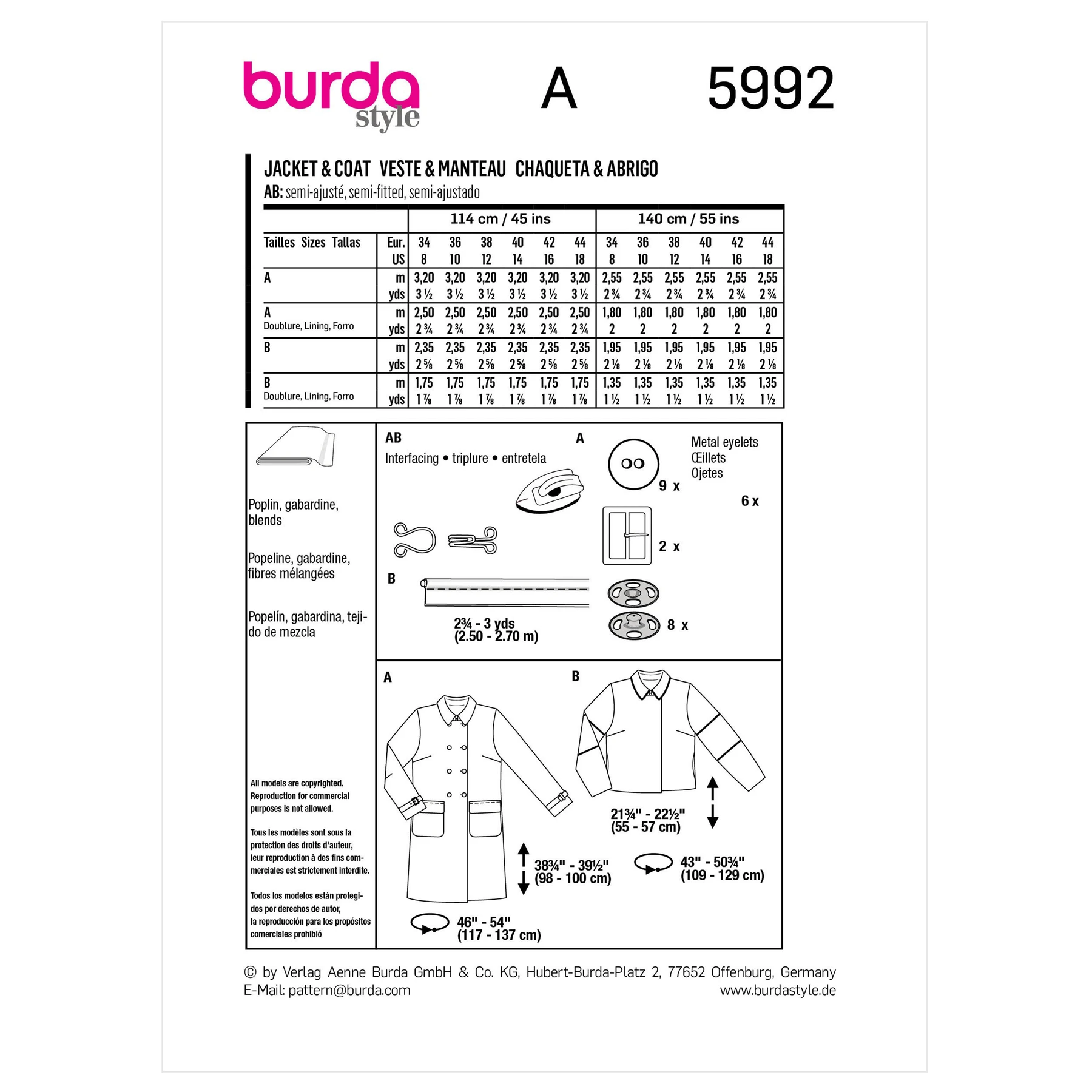 Burda Style Sewing Pattern 5992 Misses' Double-Breasted Jacket and Coat 10 Burda Style Sewing Pattern 5992 Misses' Double-Breasted Jacket and Coat