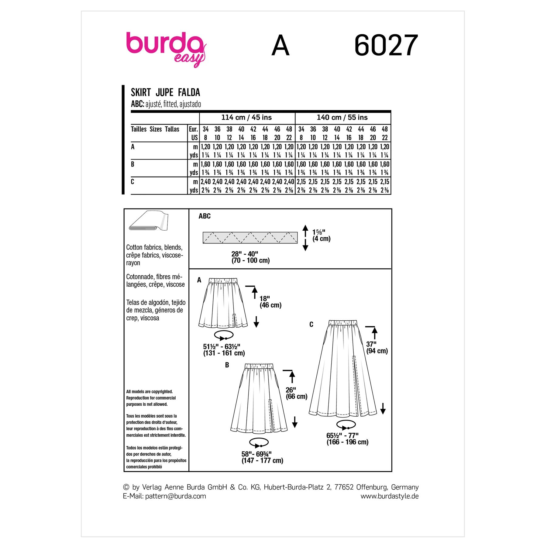 Burda Style Sewing Pattern 6027 Misses' Skirt 10 Burda Style Sewing Pattern 6027 Misses' Skirt
