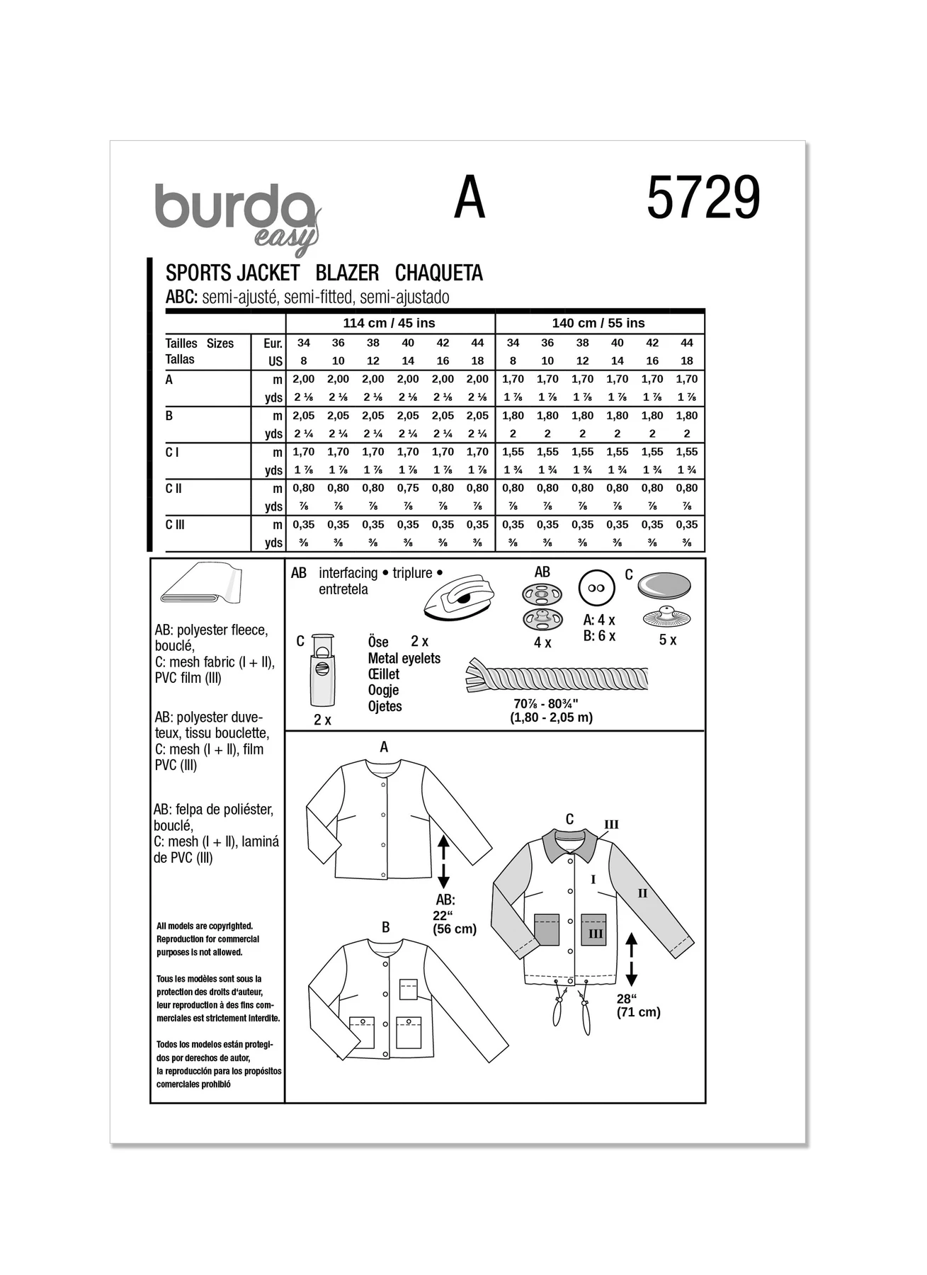 Burda Style Sewing Pattern 5729 Misses' Blazer & Jacket 14 Burda Style Sewing Pattern 5729 Misses' Blazer & Jacket