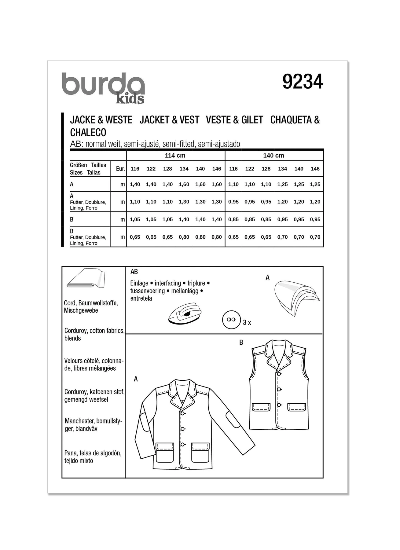 Burda Style Sewing Pattern 9234 Children's Jacket & Waistcoat/Vest 10 Burda Style Sewing Pattern 9234 Children's Jacket & Waistcoat/Vest