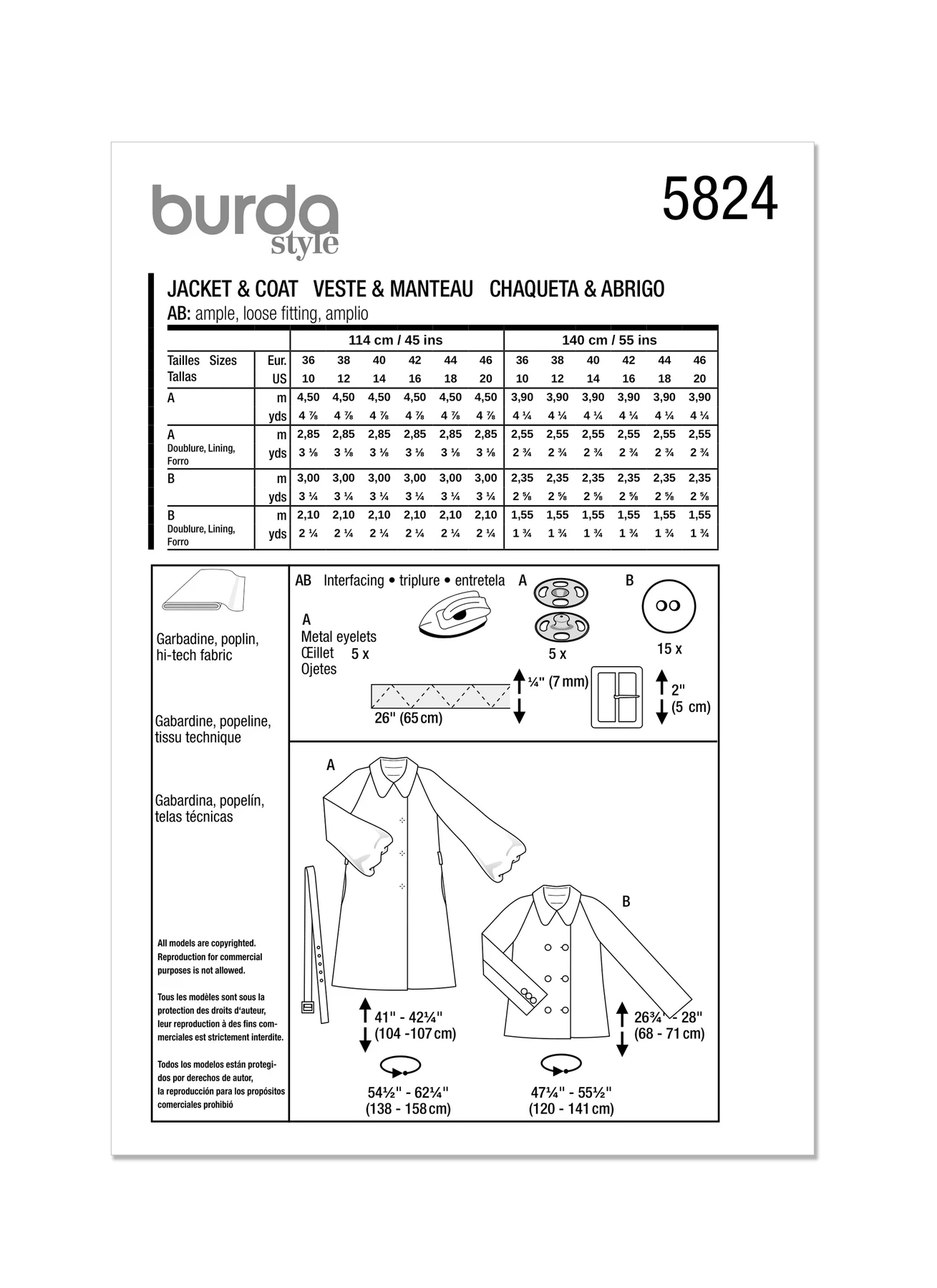 Burda Style Sewing Pattern 5824 Misses' Jacket & Coat 10 Burda Style Sewing Pattern 5824 Misses' Jacket & Coat