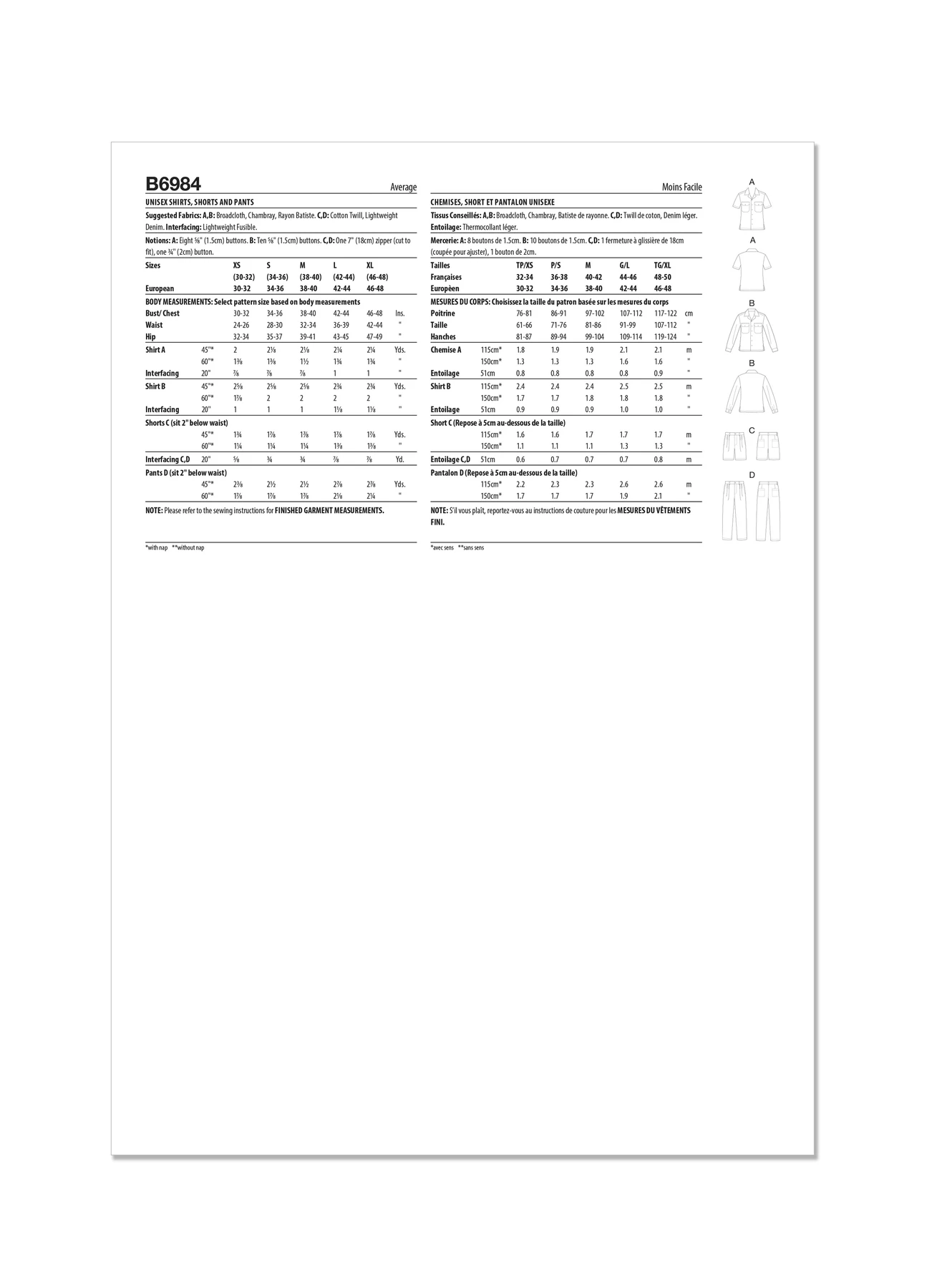 Butterick Sewing Pattern Unisex Shirts, Shorts and Pants 8 Butterick Sewing Pattern Unisex Shirts, Shorts and Pants