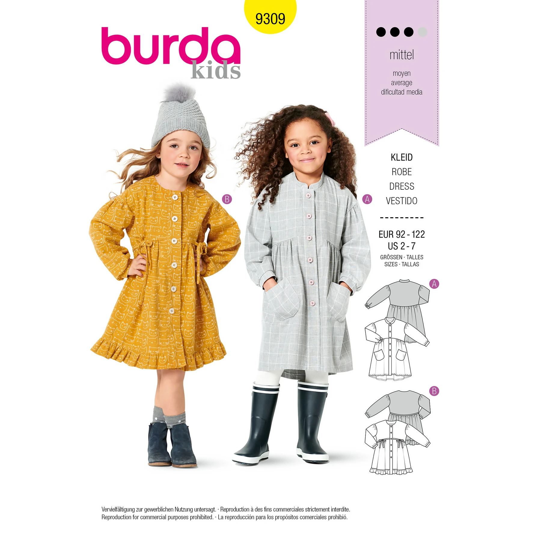 Burda Style Sewing Pattern Children's Dresses, Buttons at Front, with Trim and Pocket Variations