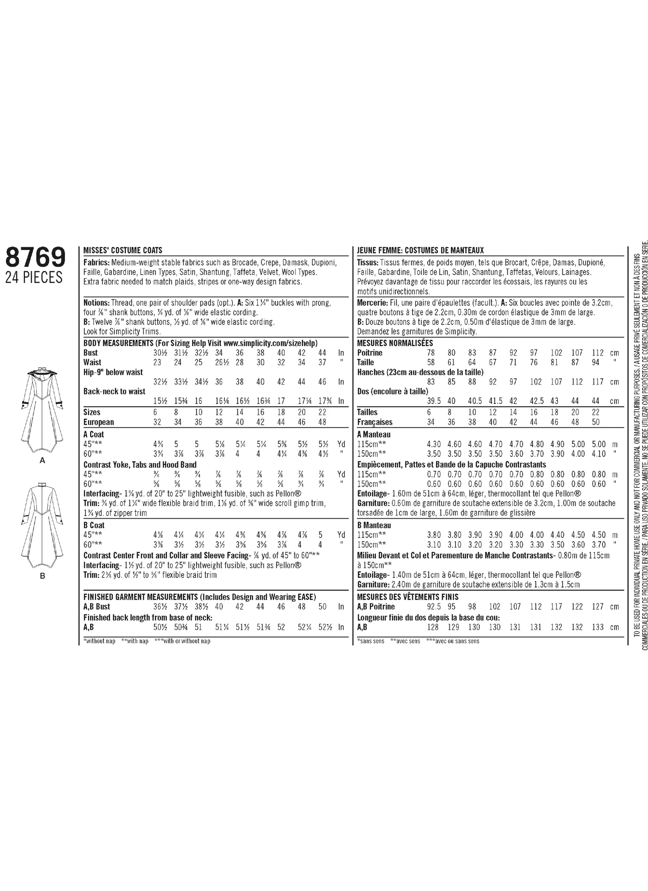 Simplicity Sewing Pattern Misses' Costume Coats 9 Simplicity Sewing Pattern Misses' Costume Coats
