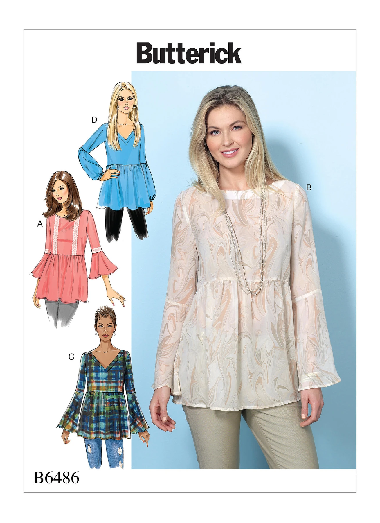 Butterick Sewing Pattern Misses' Loose-Fitting, Gathered Waist Pullover Tops with Bell Sleeves 1 Butterick Sewing Pattern Misses' Loose-Fitting, Gathered Waist Pullover Tops with Bell Sleeves
