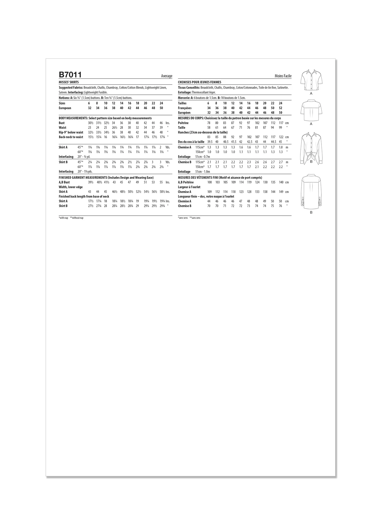 Butterick Sewing Pattern Misses' Shirts 6 Butterick Sewing Pattern Misses' Shirts