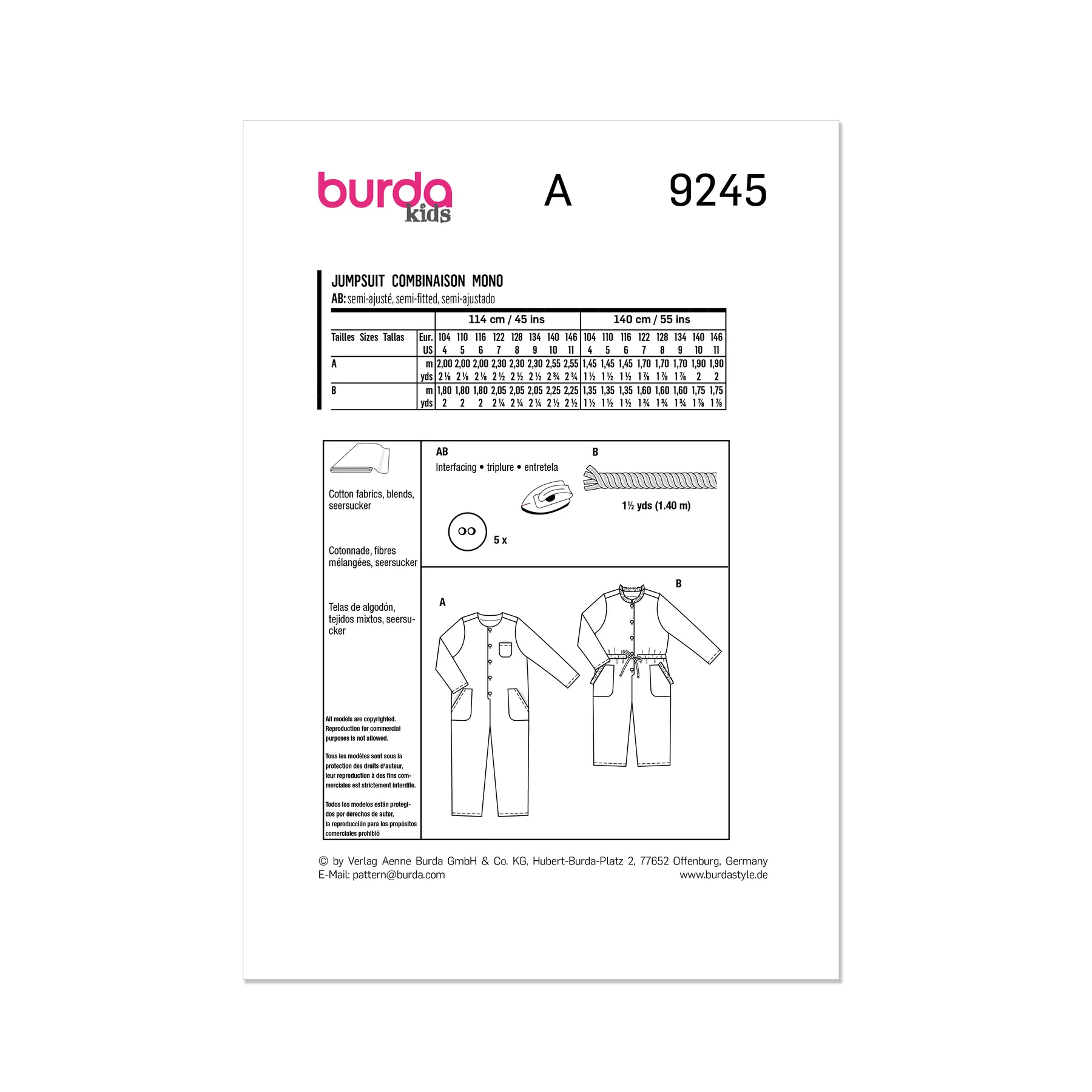 Burda Style Sewing Pattern 9245 Children's Jumpsuit 8 Burda Style Sewing Pattern 9245 Children's Jumpsuit