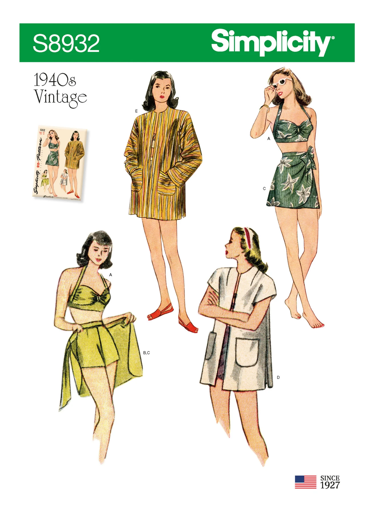 Simplicity Sewing Pattern 1940s Misses' Vintage Bikini Top, Shorts, Wrap, Skirt and Coat 1 Simplicity Sewing Pattern 1940s Misses' Vintage Bikini Top, Shorts, Wrap, Skirt and Coat