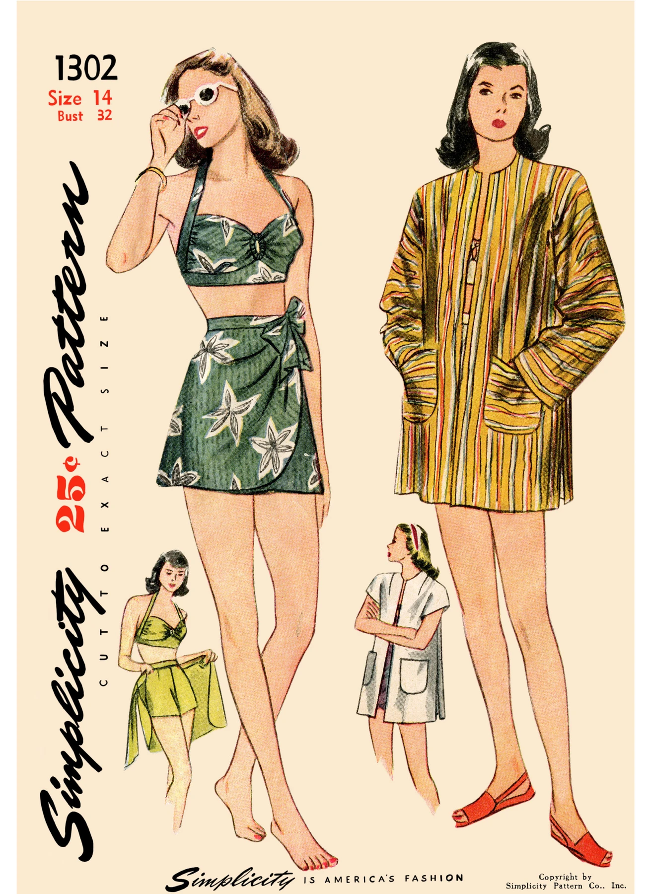 Simplicity Sewing Pattern 1940s Misses' Vintage Bikini Top, Shorts, Wrap, Skirt and Coat 2 Simplicity Sewing Pattern 1940s Misses' Vintage Bikini Top, Shorts, Wrap, Skirt and Coat