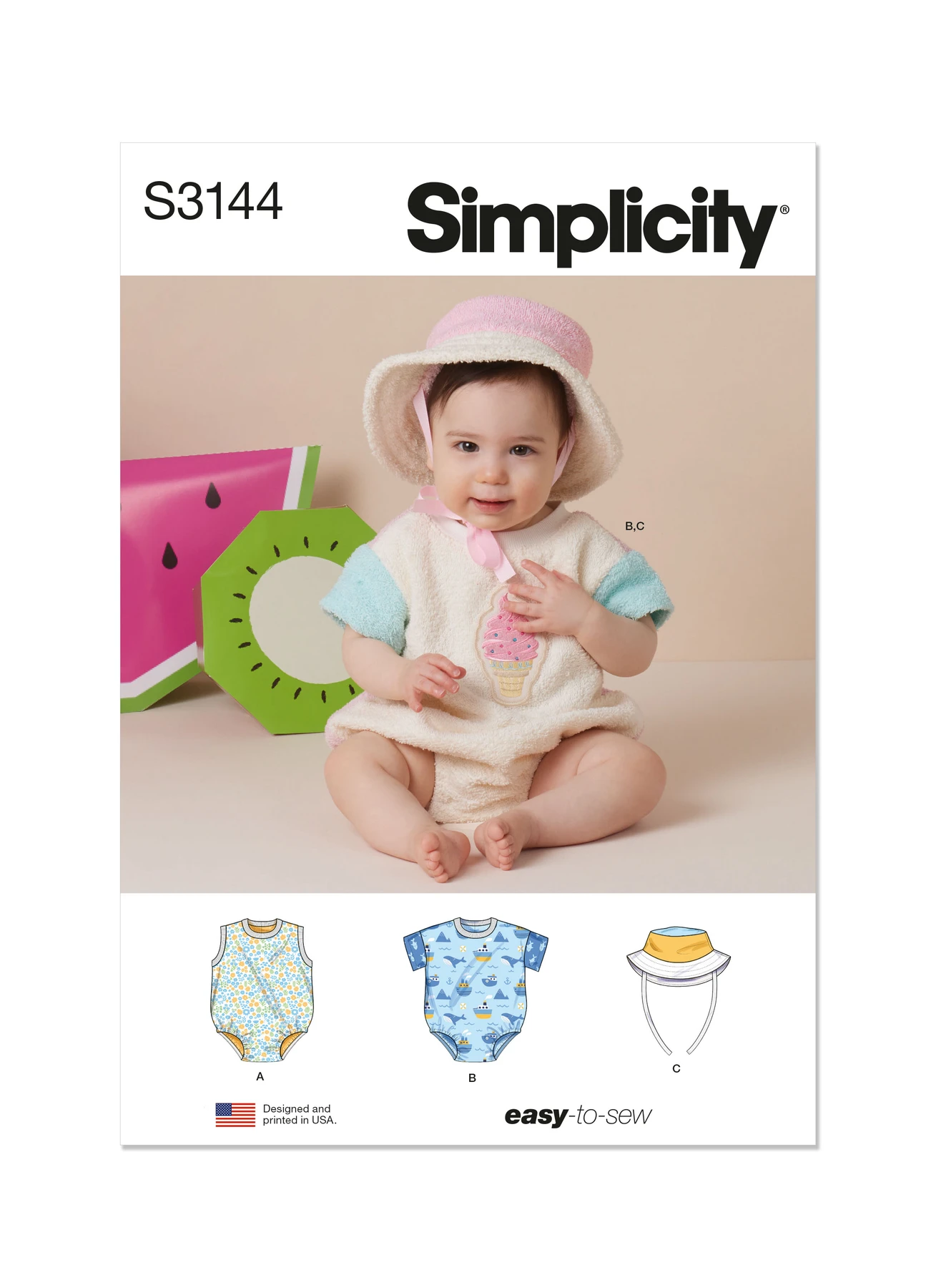 Simplicity Sewing Pattern Babies' Contrast Bodysuit and Bucket Hat (PDF) 1 Simplicity Sewing Pattern Babies' Contrast Bodysuit and Bucket Hat (PDF)