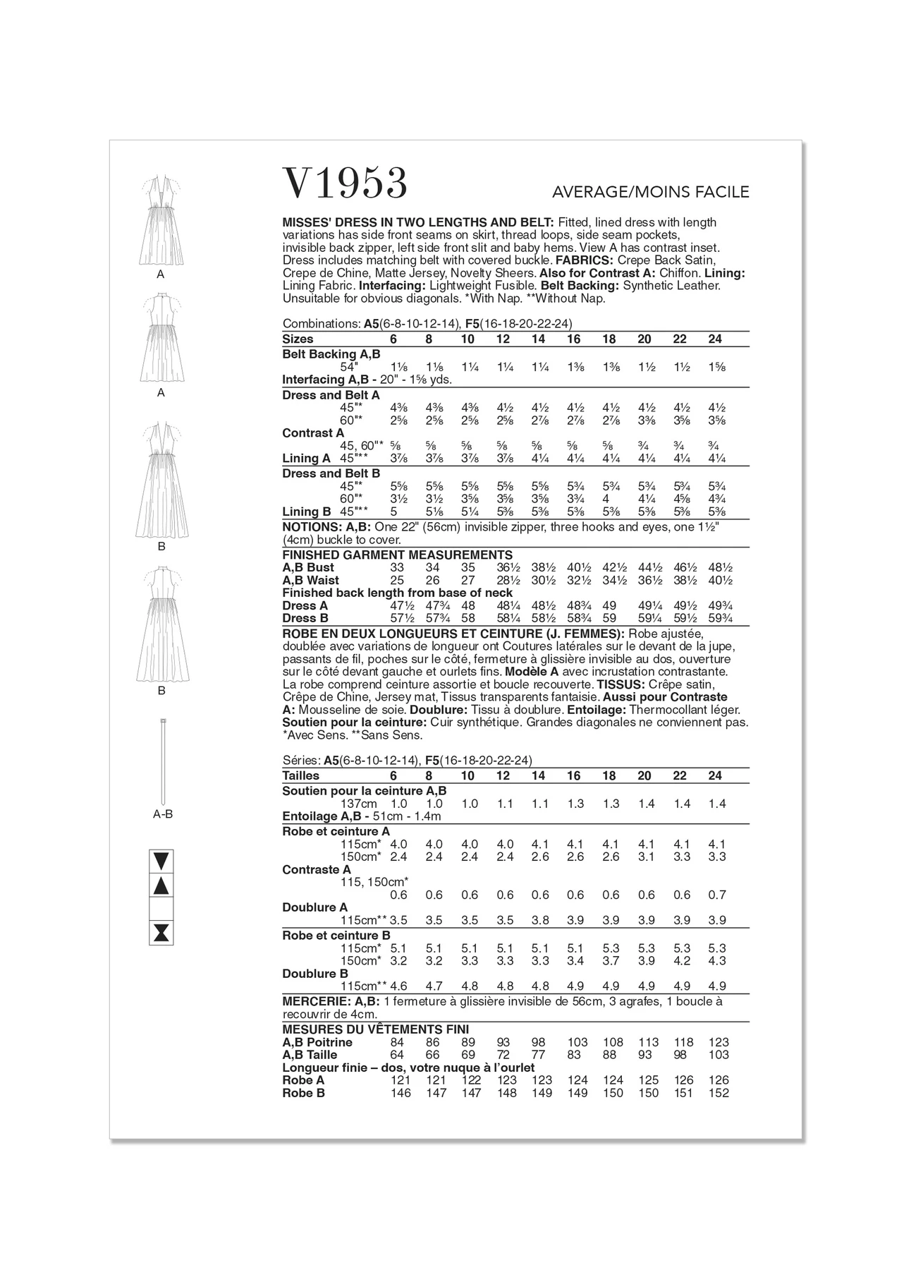Vogue Patterns Misses' Dress In Two Lengths and Belt 6 Vogue Patterns Misses' Dress In Two Lengths and Belt