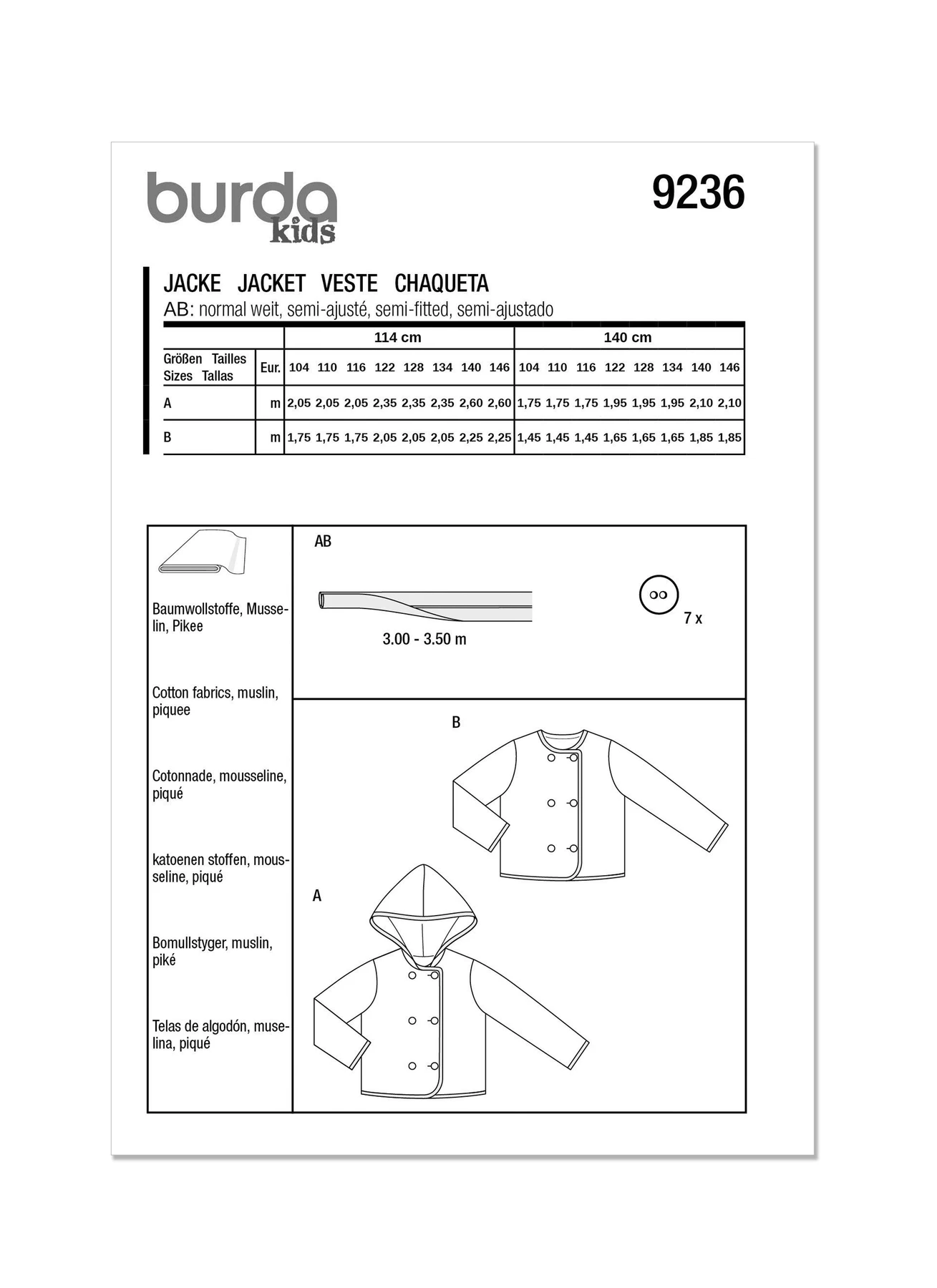 Burda Style Sewing Pattern 9236 Children's Jacket (PDF) 8 Burda Style Sewing Pattern 9236 Children's Jacket (PDF)