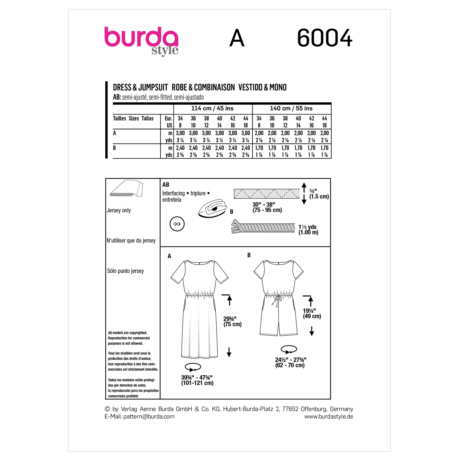 Burda Style Sewing Pattern 6004 Misses' Dress and Jumpsuit 7 Burda Style Sewing Pattern 6004 Misses' Dress and Jumpsuit