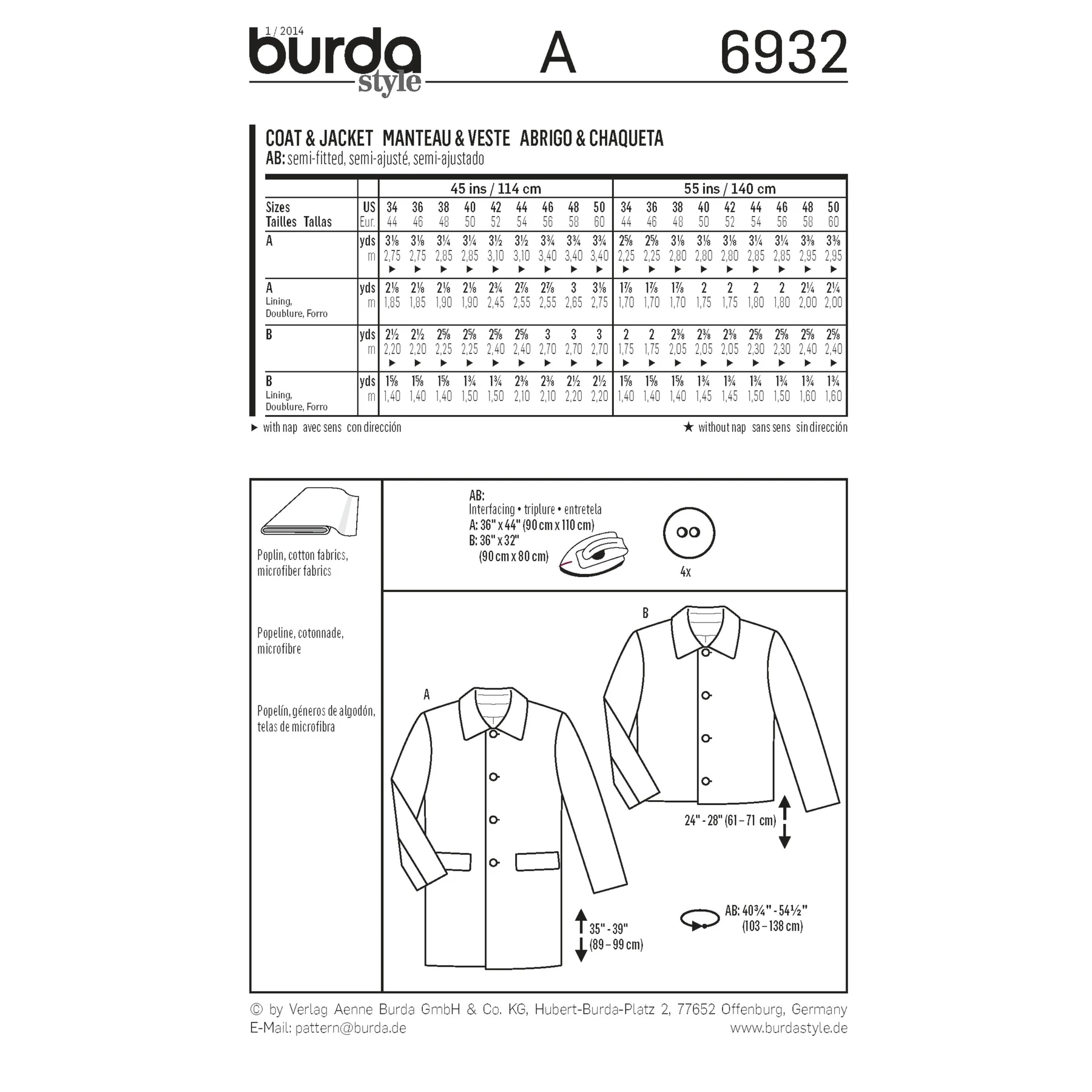 Burda Style Sewing Pattern Men's Jacket/Coat