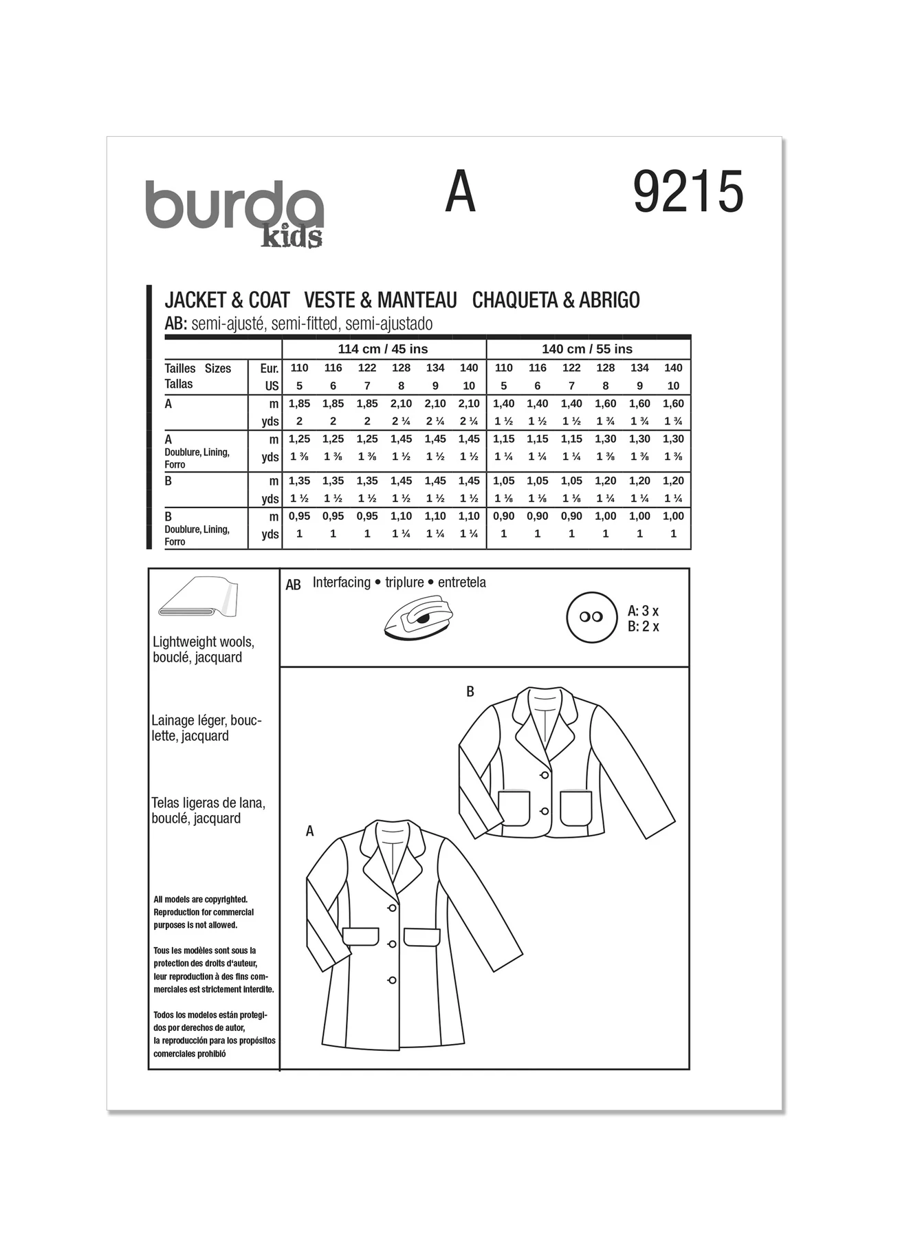 Burda Style Sewing Pattern 9215 Children's Coats 6 Burda Style Sewing Pattern 9215 Children's Coats