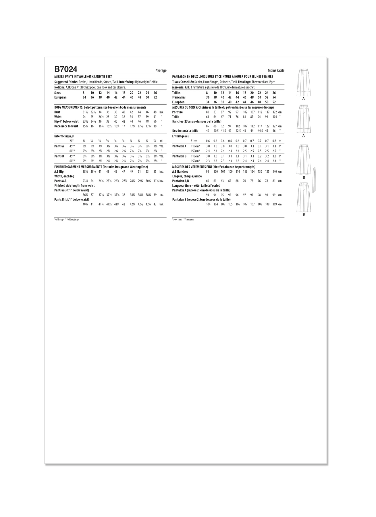 Butterick Sewing Pattern Misses' Pants in Two Lengths and Tie Belt (PDF) 5 Butterick Sewing Pattern Misses' Pants in Two Lengths and Tie Belt (PDF)