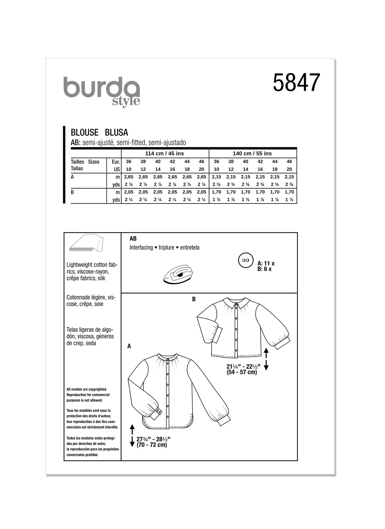 Burda Style Sewing Pattern 5847 Misses' Blouse 10 Burda Style Sewing Pattern 5847 Misses' Blouse