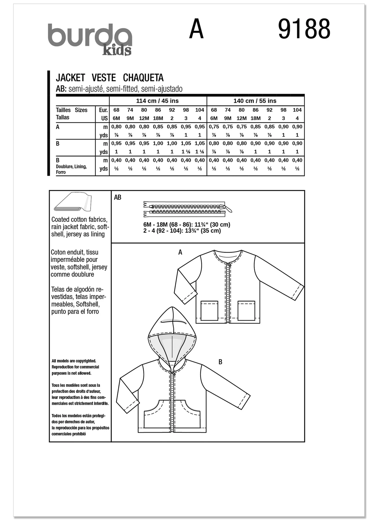 Burda Style Pattern 9188 Toddler's Jackets 8 Burda Style Pattern 9188 Toddler's Jackets