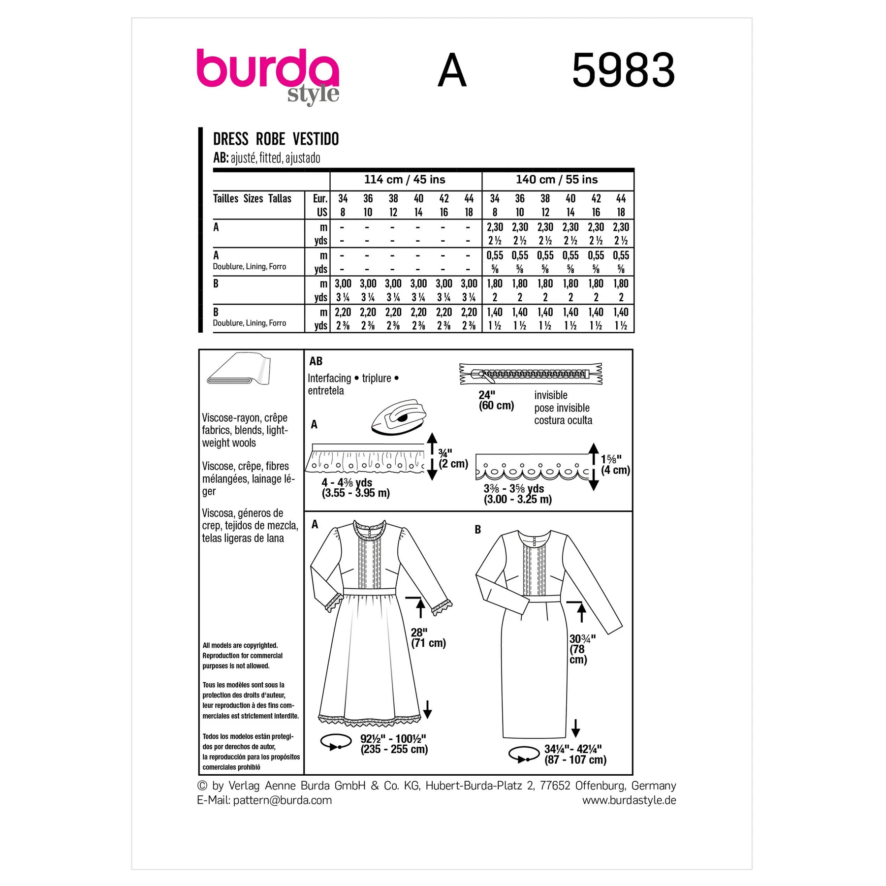 Burda Style Sewing Pattern 5983 Misses' Dress with Waistband and Wide or Narrow Skirt 8 Burda Style Sewing Pattern 5983 Misses' Dress with Waistband and Wide or Narrow Skirt