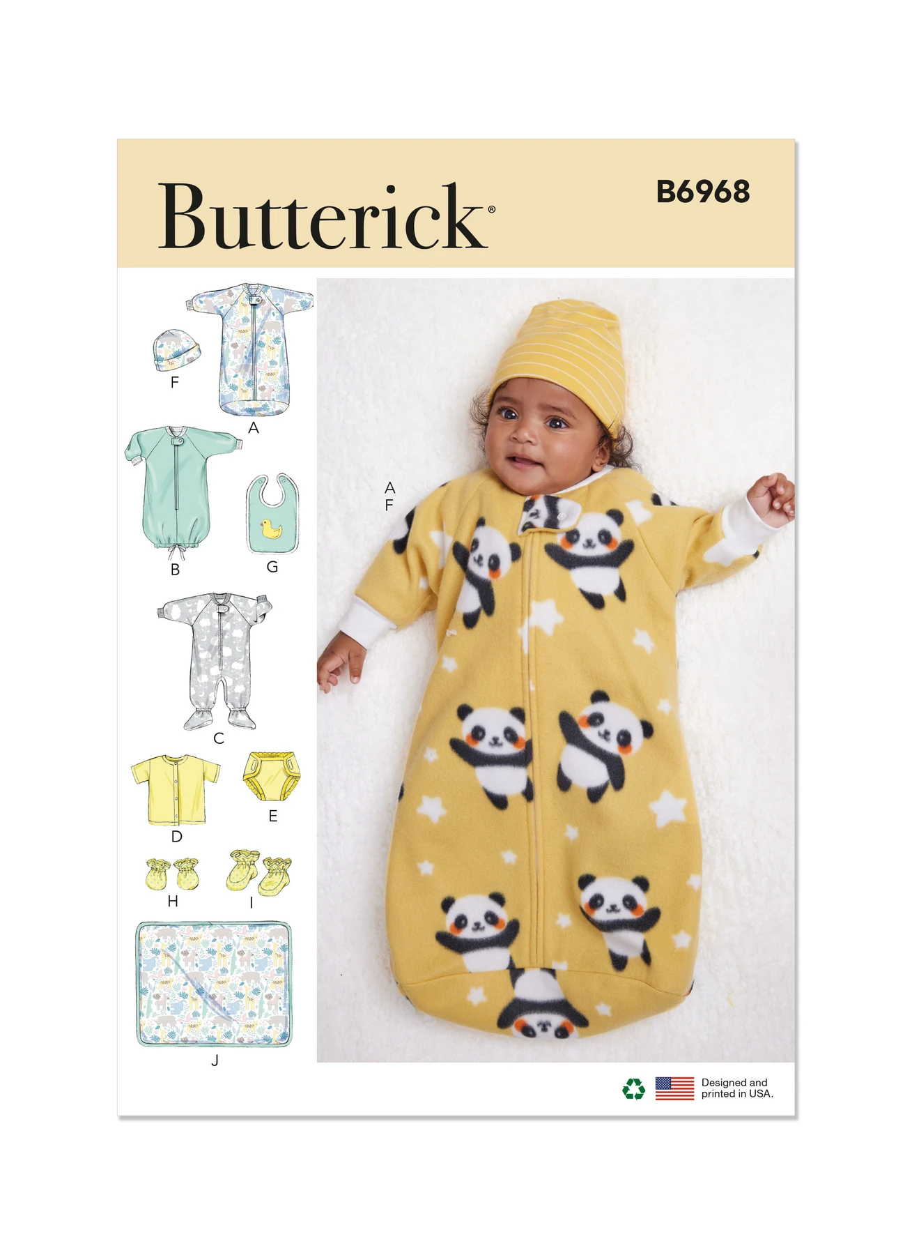 Butterick Sewing Pattern Infants' Bunting, Jumpsuit, Shirt, Diaper Cover, Hat, Bib, Mittens, Booties and Blanket (PDF) 1 Butterick Sewing Pattern Infants' Bunting, Jumpsuit, Shirt, Diaper Cover, Hat, Bib, Mittens, Booties and Blanket (PDF)