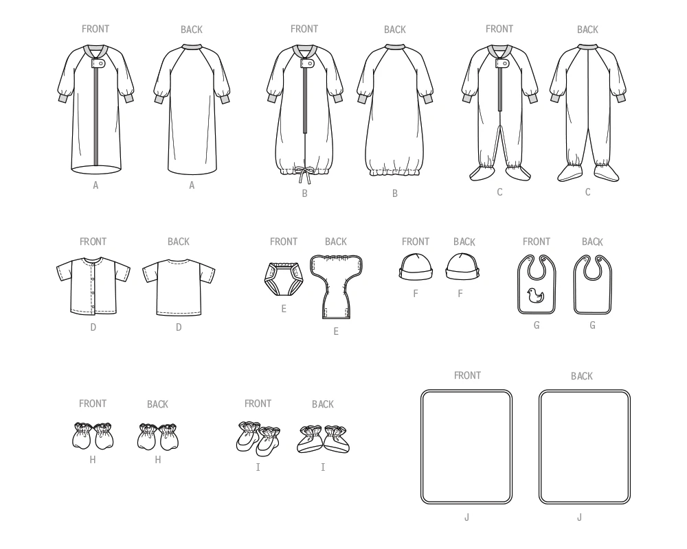 Butterick Sewing Pattern Infants' Bunting, Jumpsuit, Shirt, Diaper Cover, Hat, Bib, Mittens, Booties and Blanket (PDF) 14 Butterick Sewing Pattern Infants' Bunting, Jumpsuit, Shirt, Diaper Cover, Hat, Bib, Mittens, Booties and Blanket (PDF)