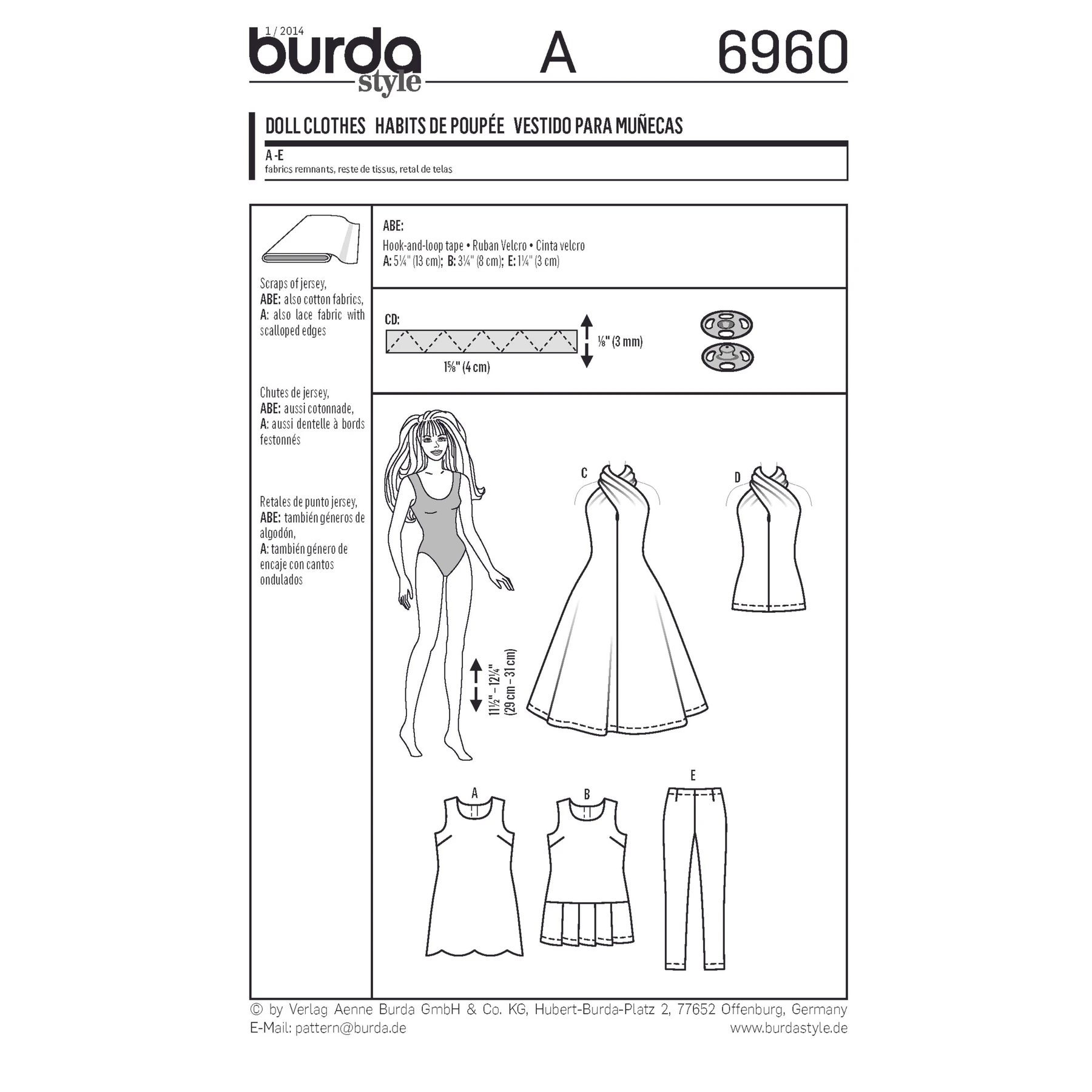 Burda Style Sewing Pattern Doll Clothes for 11-1/2" Doll