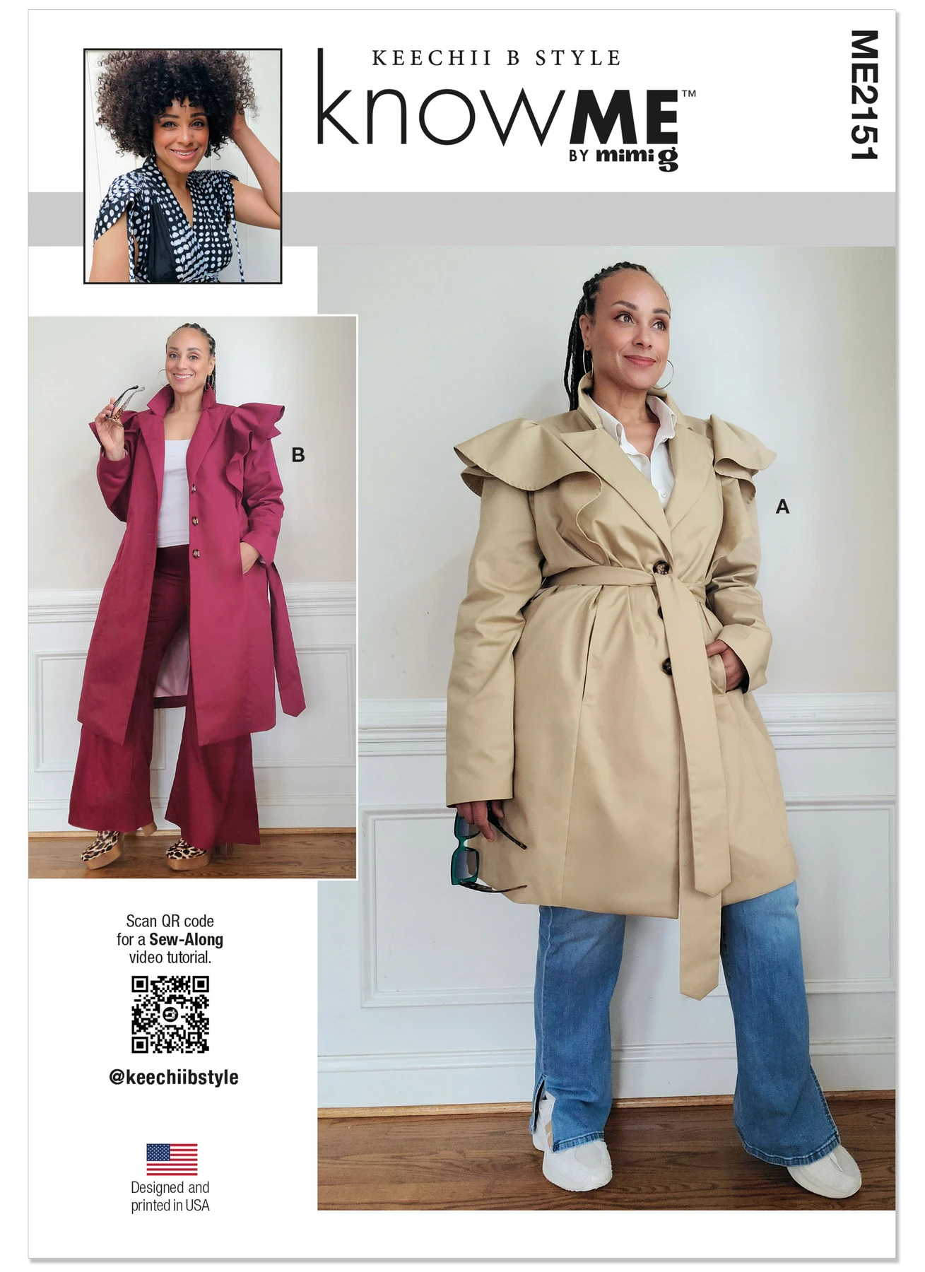 Know Me Sewing Pattern Misses' Single Breasted Trench Coat with Shoulder Flounce and Belt by Keechii B Style 1 Know Me Sewing Pattern Misses' Single Breasted Trench Coat with Shoulder Flounce and Belt by Keechii B Style