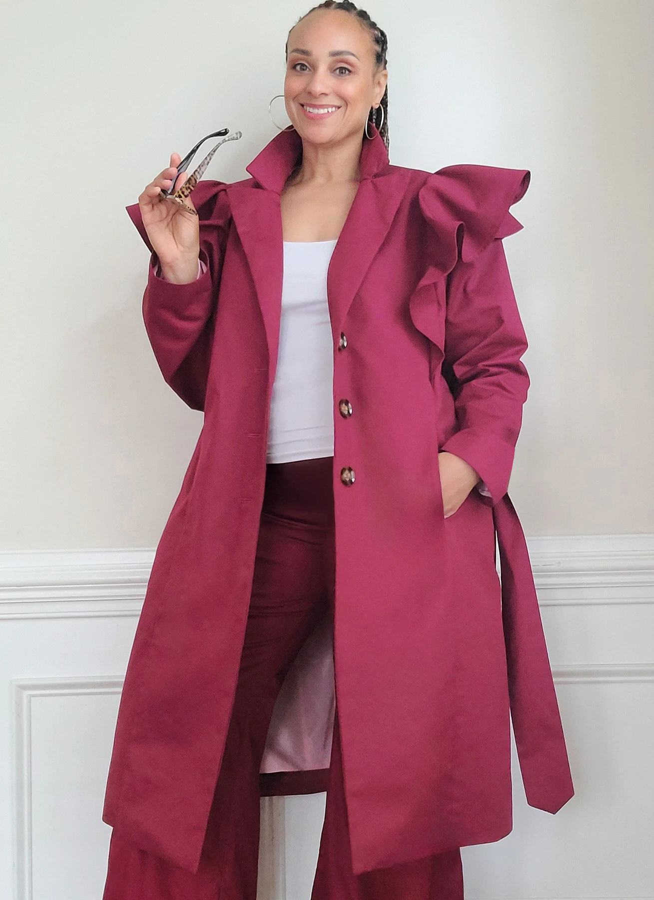 Know Me Sewing Pattern Misses' Single Breasted Trench Coat with Shoulder Flounce and Belt by Keechii B Style 3 Know Me Sewing Pattern Misses' Single Breasted Trench Coat with Shoulder Flounce and Belt by Keechii B Style
