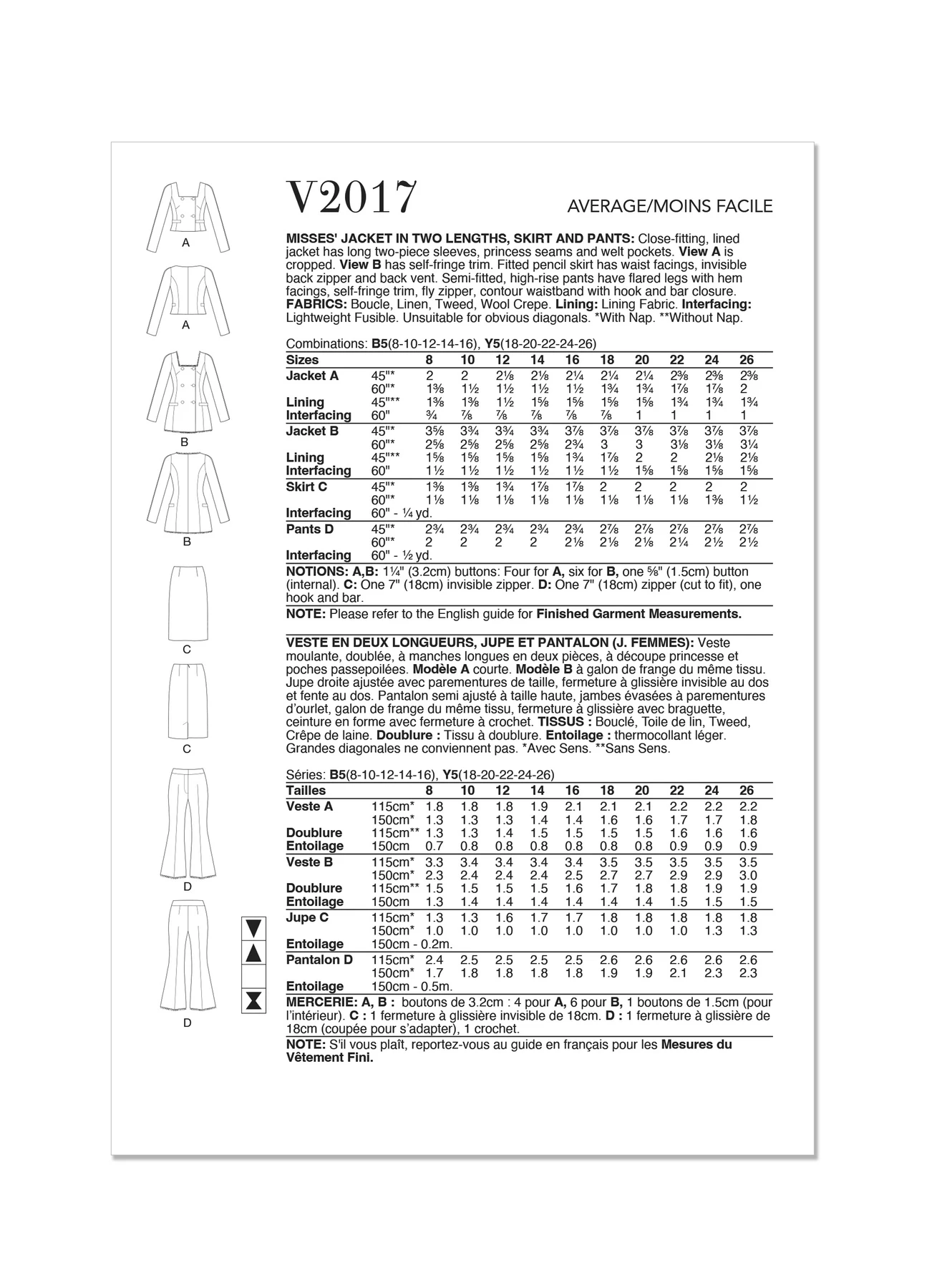 Vogue Patterns Misses' Jacket in Two Lengths, Skirt and Pants 8 Vogue Patterns Misses' Jacket in Two Lengths, Skirt and Pants