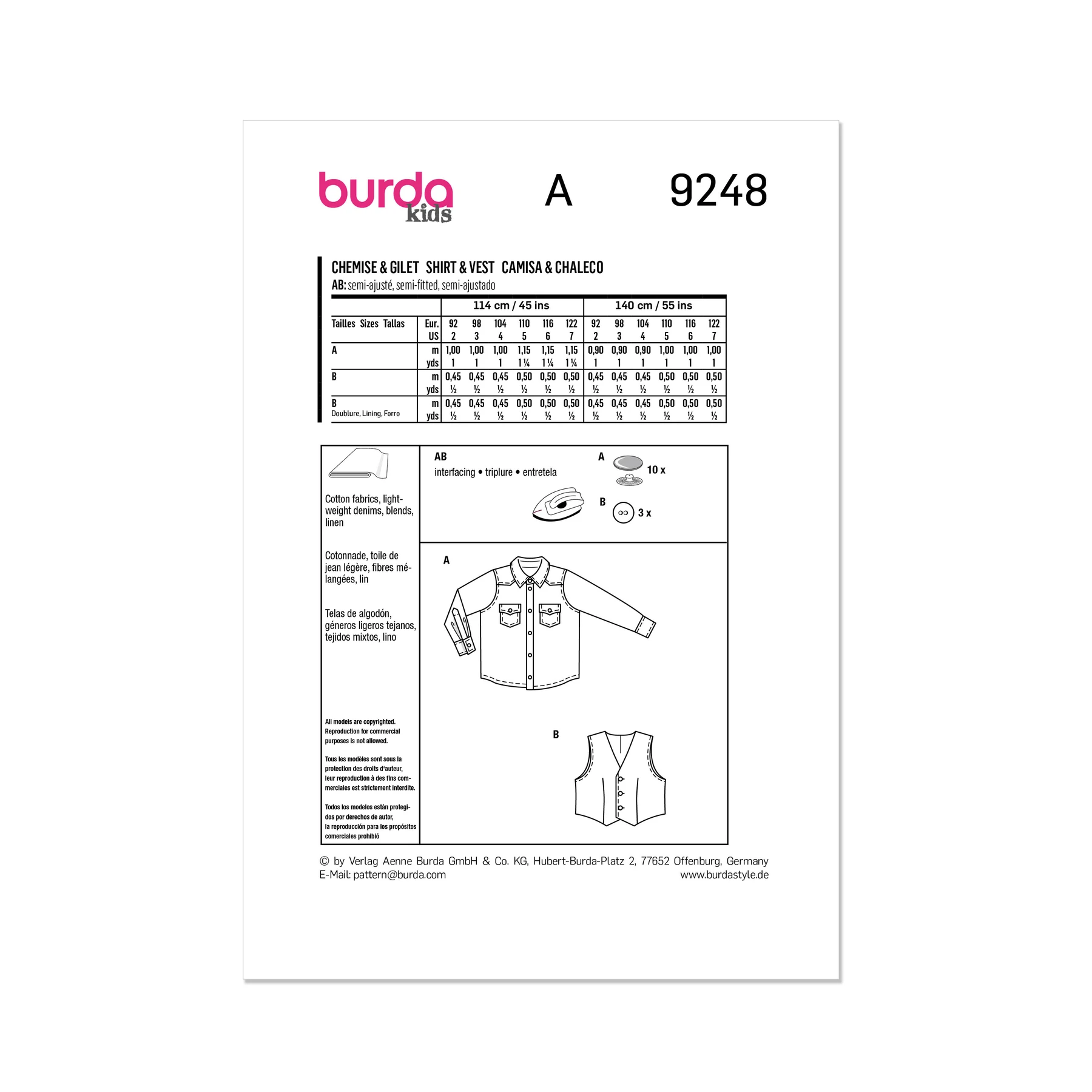 Burda Style Sewing Pattern 9248 Children's Shirt, Waistcoat and Vest 10 Burda Style Sewing Pattern 9248 Children's Shirt, Waistcoat and Vest