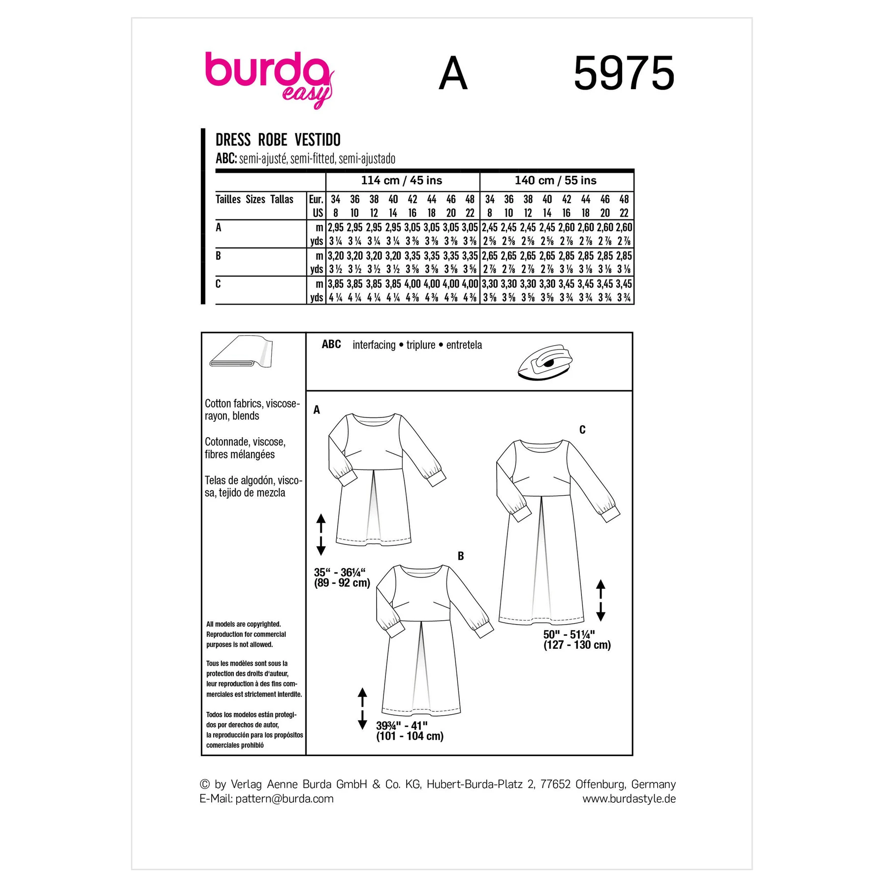 Burda Style Sewing Pattern 5975 Misses' Dress with Scoop Neckline and Sleeve Bands 13 Burda Style Sewing Pattern 5975 Misses' Dress with Scoop Neckline and Sleeve Bands