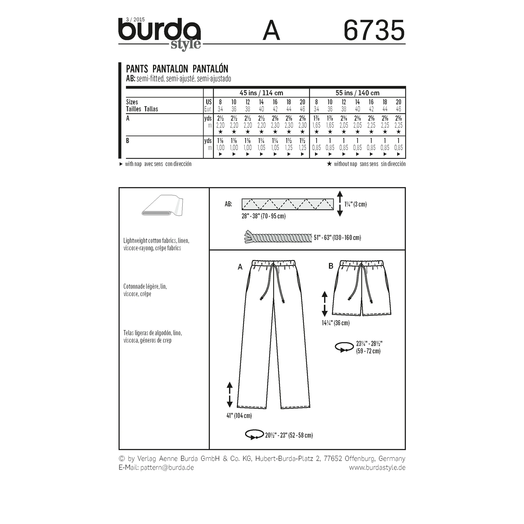 Burda Style Sewing Pattern Misses' Pants