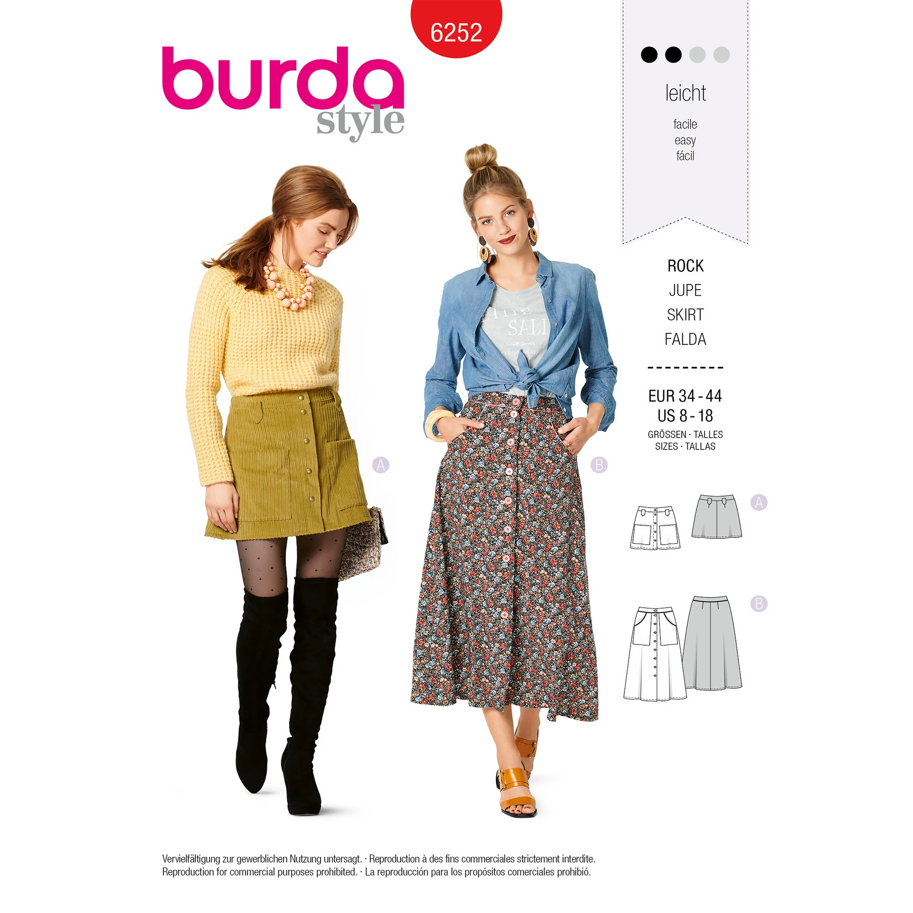 Burda Style Sewing Pattern Misses' Skirts, Front Fastening, Mini or Midi Length with Pocket Variations