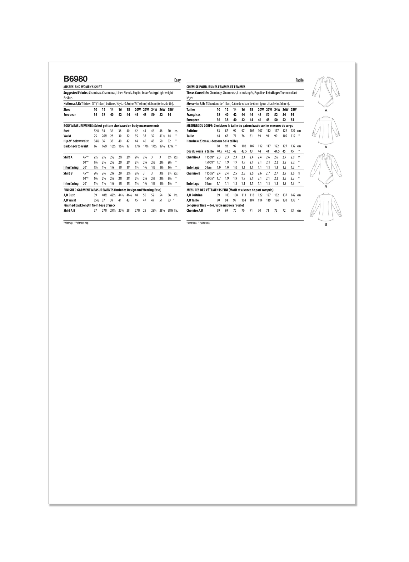 Butterick Sewing Pattern Misses' and Women's Shirt 8 Butterick Sewing Pattern Misses' and Women's Shirt