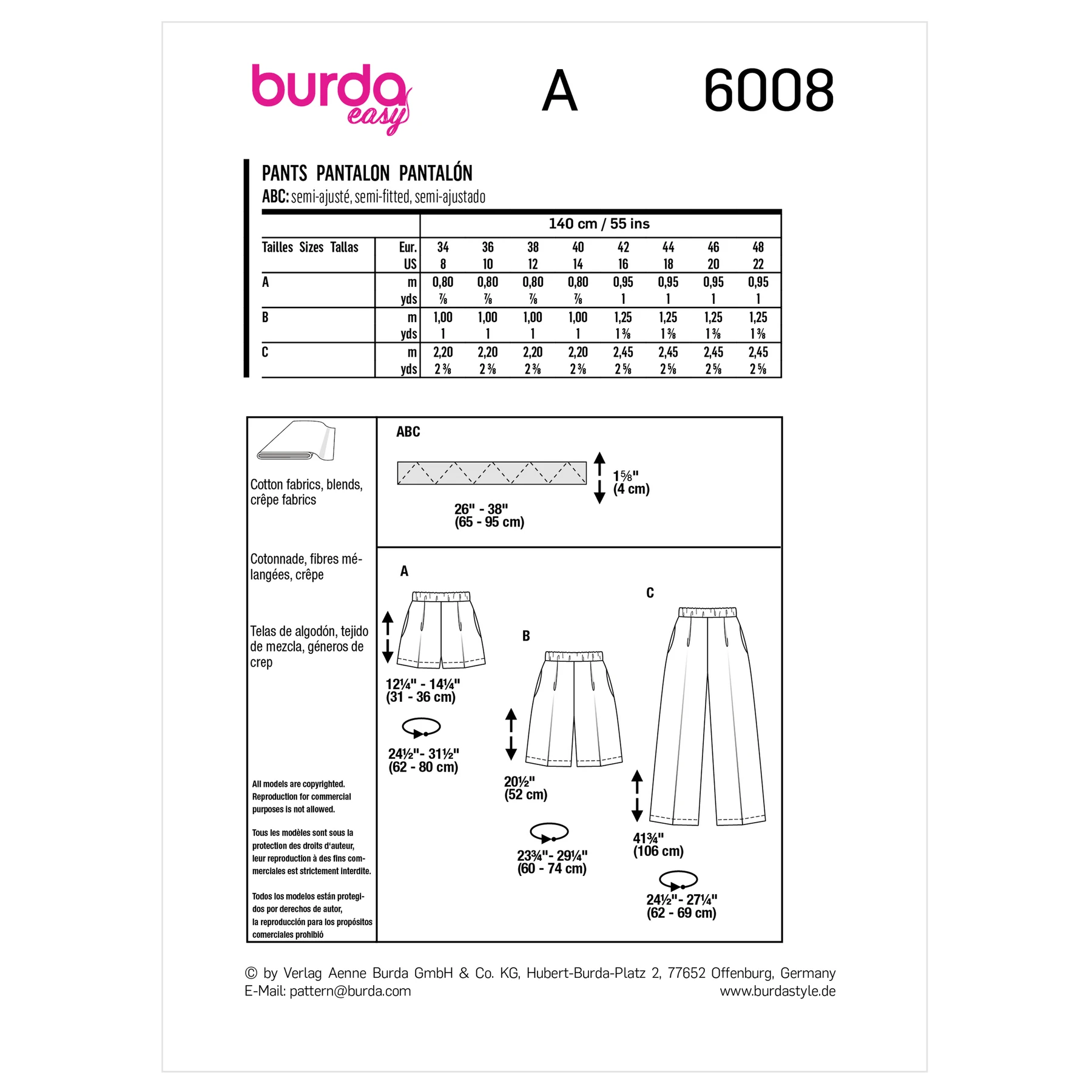 Burda Style Sewing Pattern 6008 Misses' Pants 10 Burda Style Sewing Pattern 6008 Misses' Pants