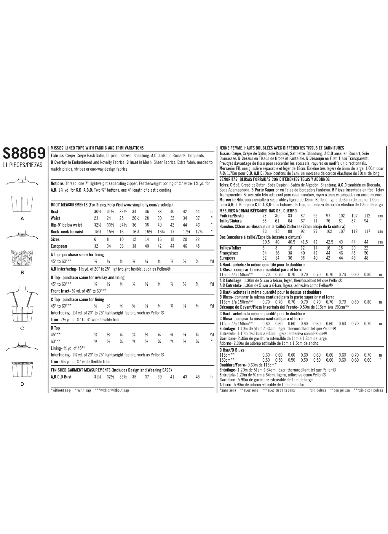 Simplicity Sewing Pattern Misses' Lined Tops 4 Simplicity Sewing Pattern Misses' Lined Tops