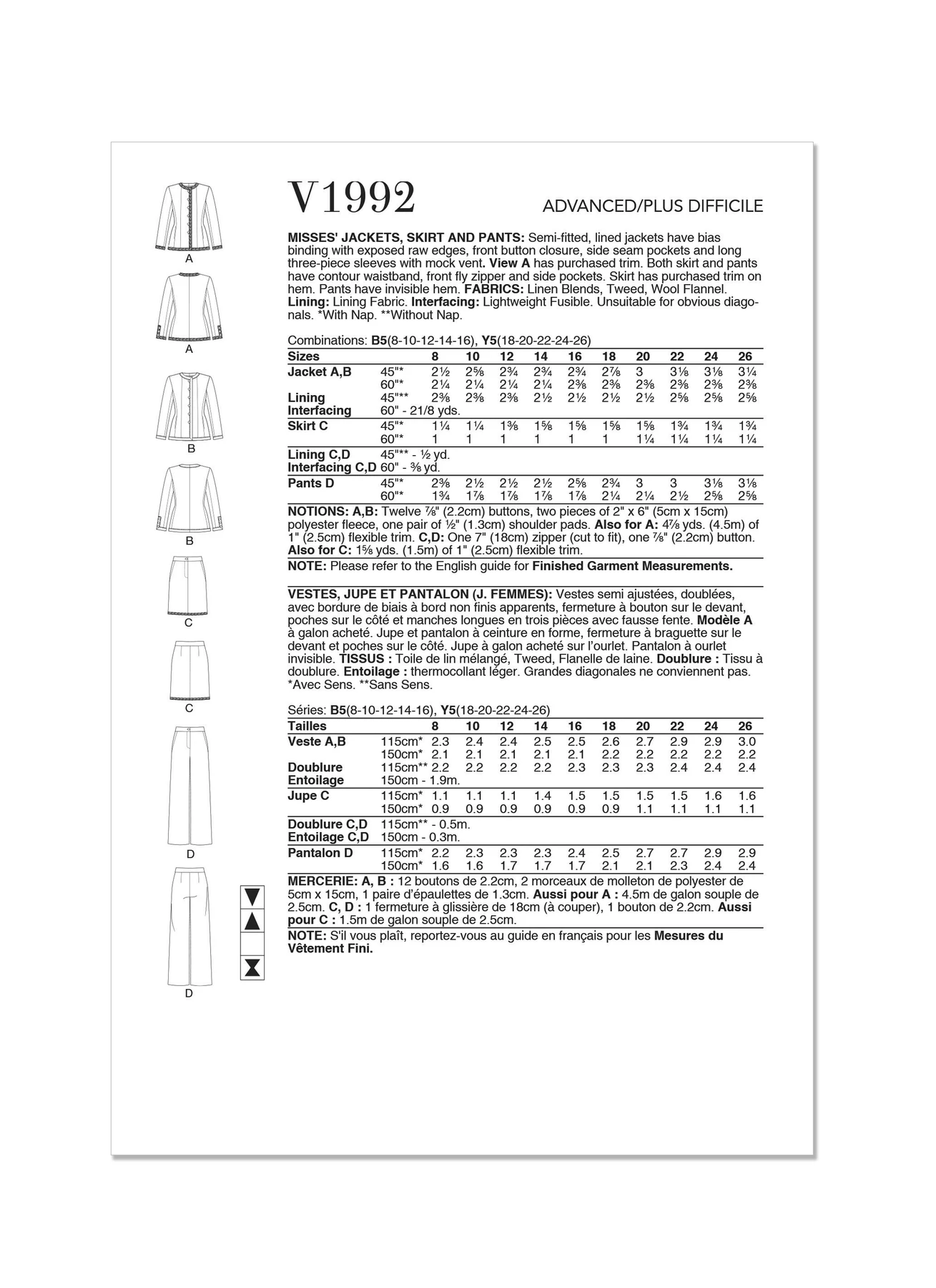 Vogue Patterns V1992 Misses' Jackets, Skirt and Pants 10 Vogue Patterns V1992 Misses' Jackets, Skirt and Pants