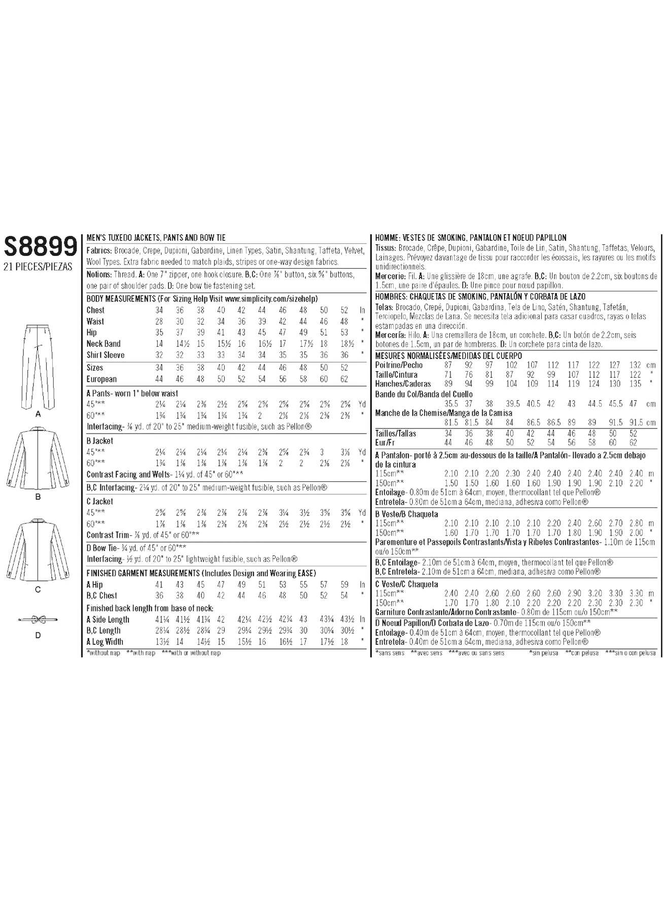 Simplicity Sewing Pattern Men's Tuxedo Jackets, Pants and Bow Tie 5 Simplicity Sewing Pattern Men's Tuxedo Jackets, Pants and Bow Tie