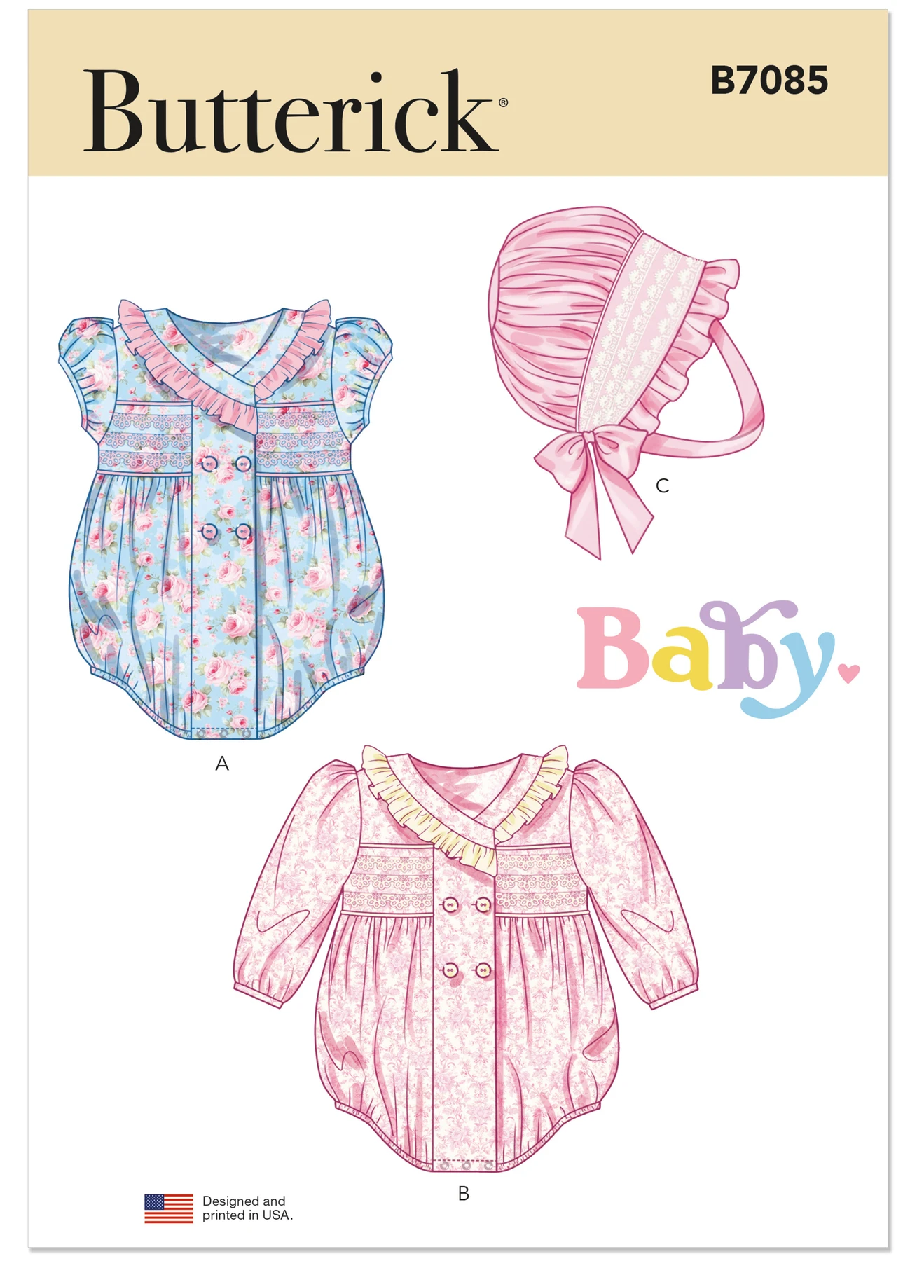 Butterick Sewing Pattern Babies' Romper with Sleeve Variations and Bonnet in sizes S-M-L (PDF) 1 Butterick Sewing Pattern Babies' Romper with Sleeve Variations and Bonnet in sizes S-M-L (PDF)