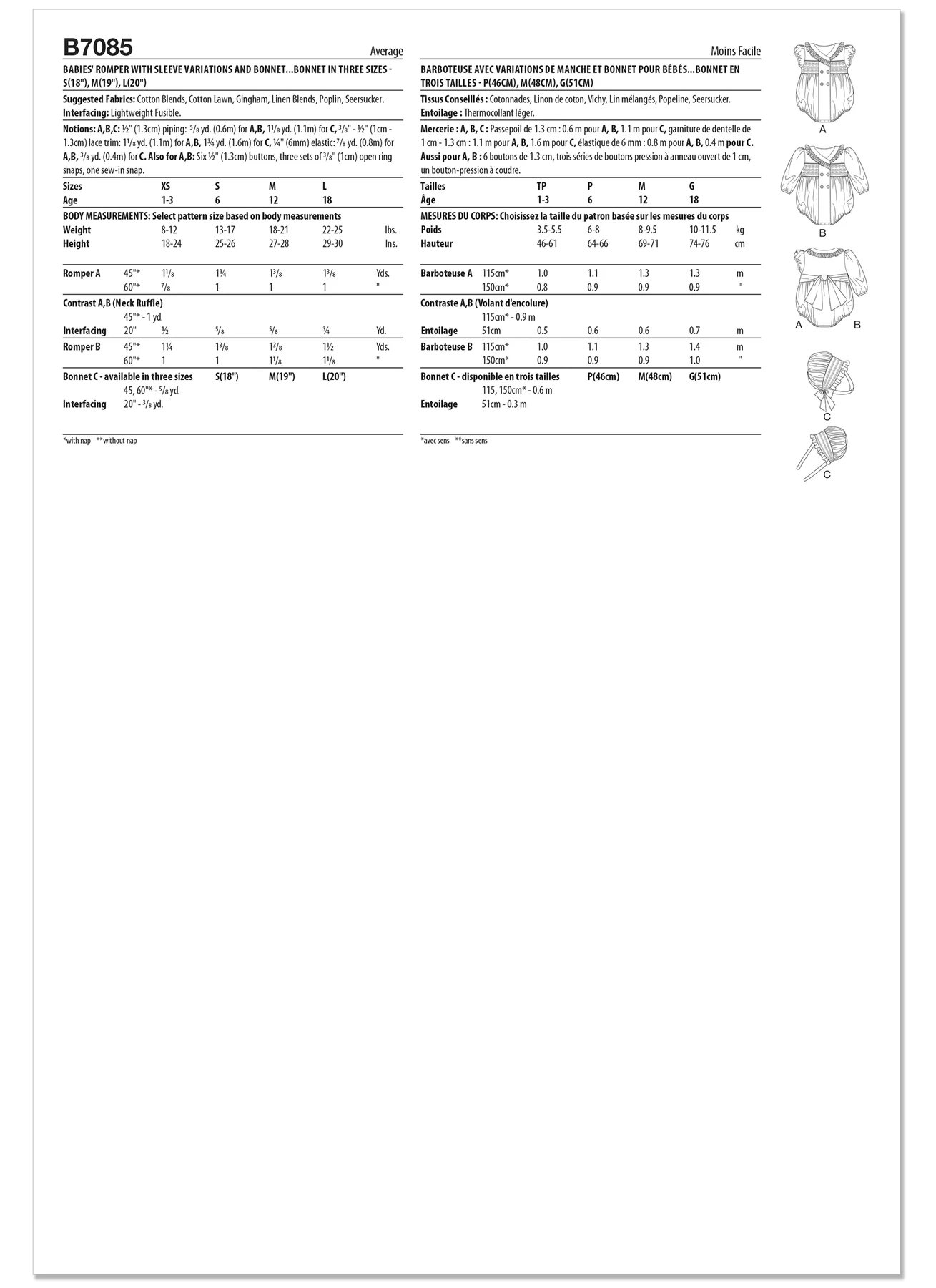 Butterick Sewing Pattern Babies' Romper with Sleeve Variations and Bonnet in sizes S-M-L (PDF) 5 Butterick Sewing Pattern Babies' Romper with Sleeve Variations and Bonnet in sizes S-M-L (PDF)