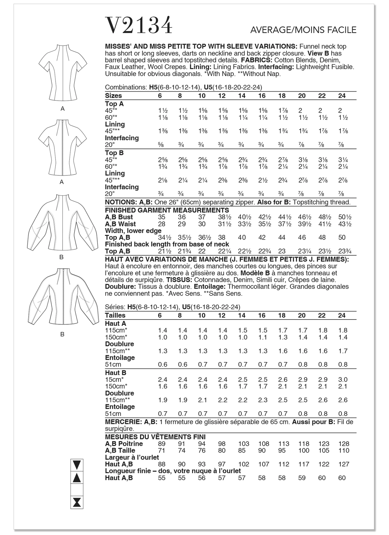 Vogue Patterns Misses' and Miss Petite Top with Sleeve Variations 6 Vogue Patterns Misses' and Miss Petite Top with Sleeve Variations