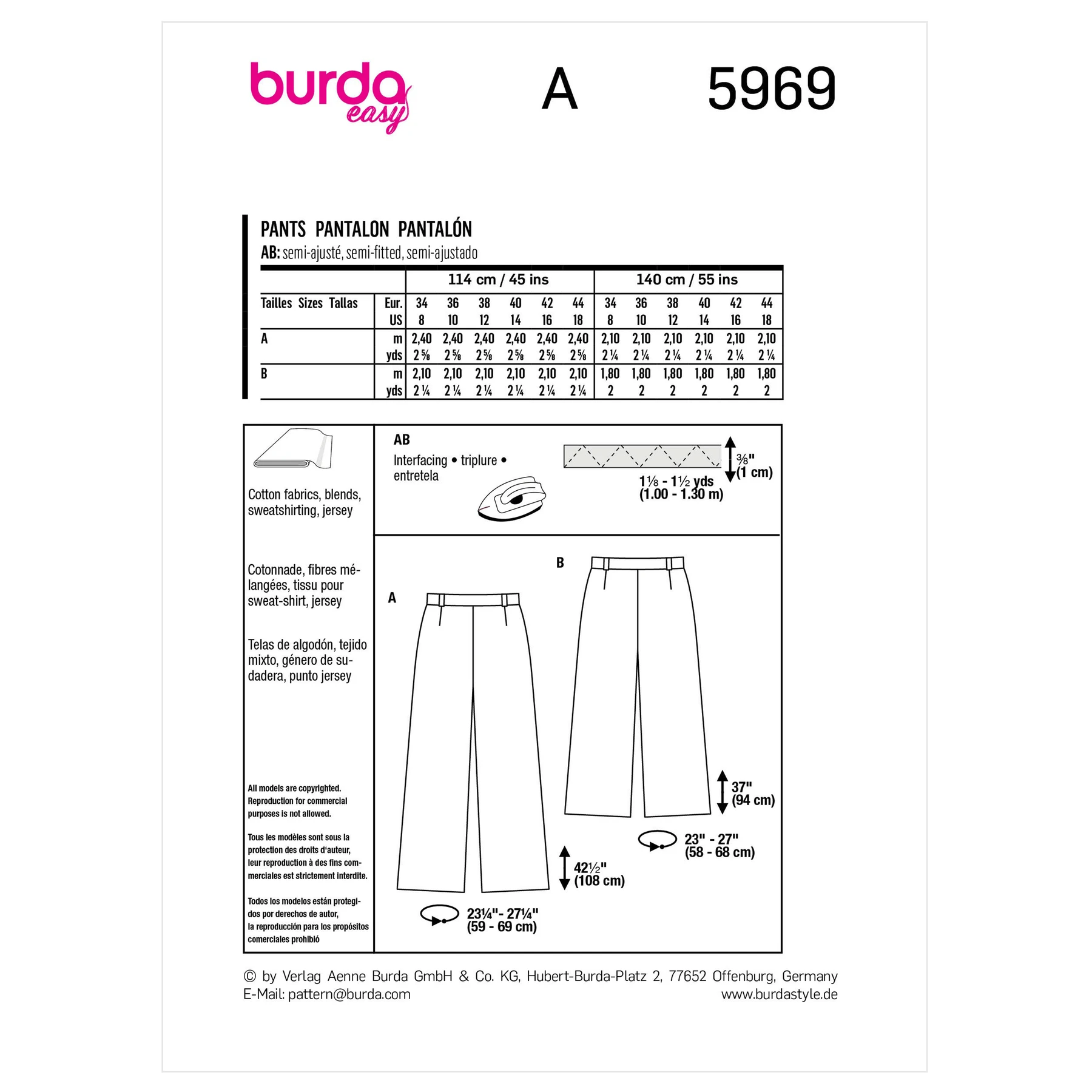 Burda Style Sewing Pattern 5969 Misses' Wide Leg Pants with Back Elastic Waistband 8 Burda Style Sewing Pattern 5969 Misses' Wide Leg Pants with Back Elastic Waistband