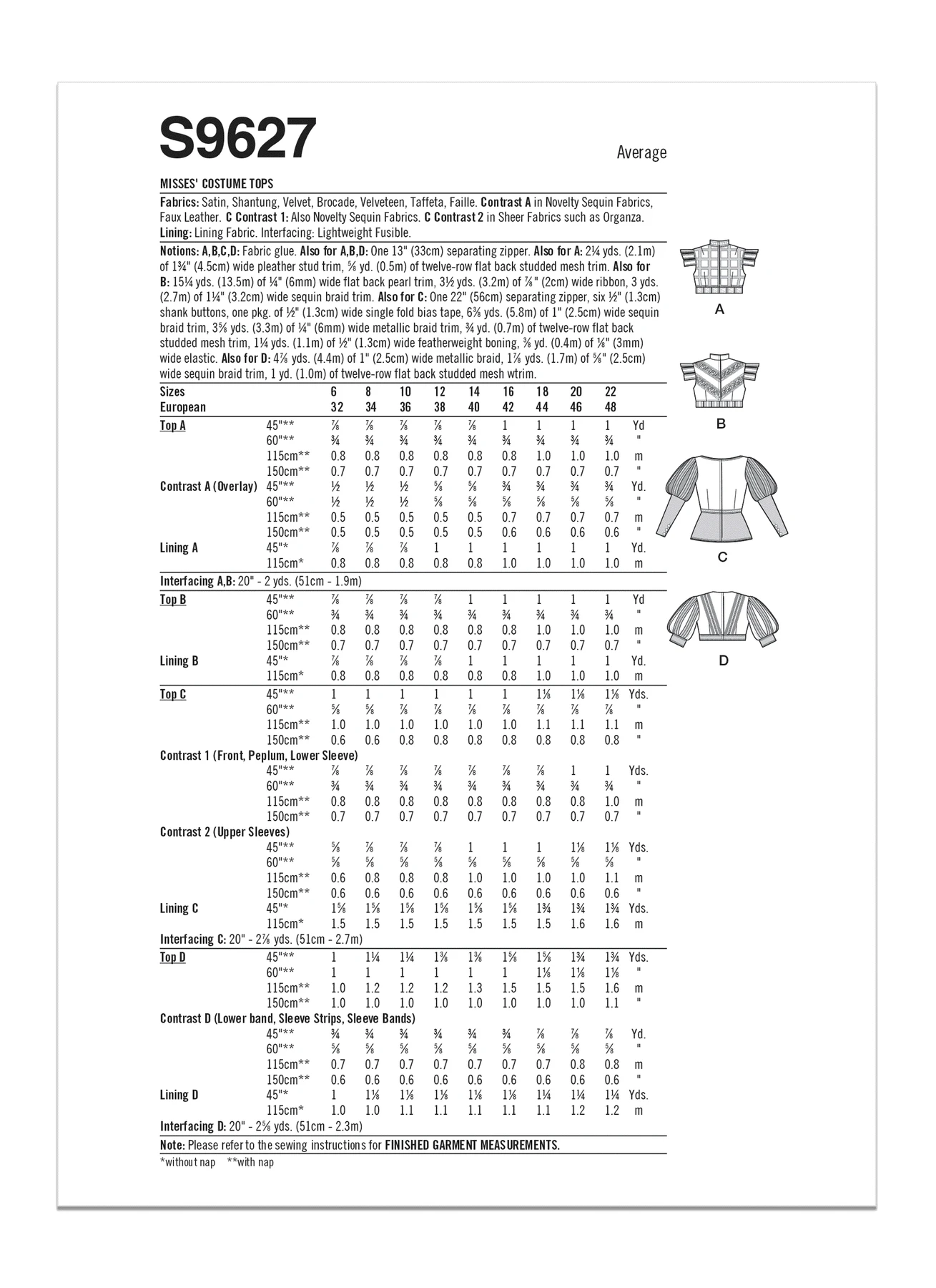 Simplicity Sewing Pattern Misses' Costume Tops by Andrea Schewe Designs 10 Simplicity Sewing Pattern Misses' Costume Tops by Andrea Schewe Designs