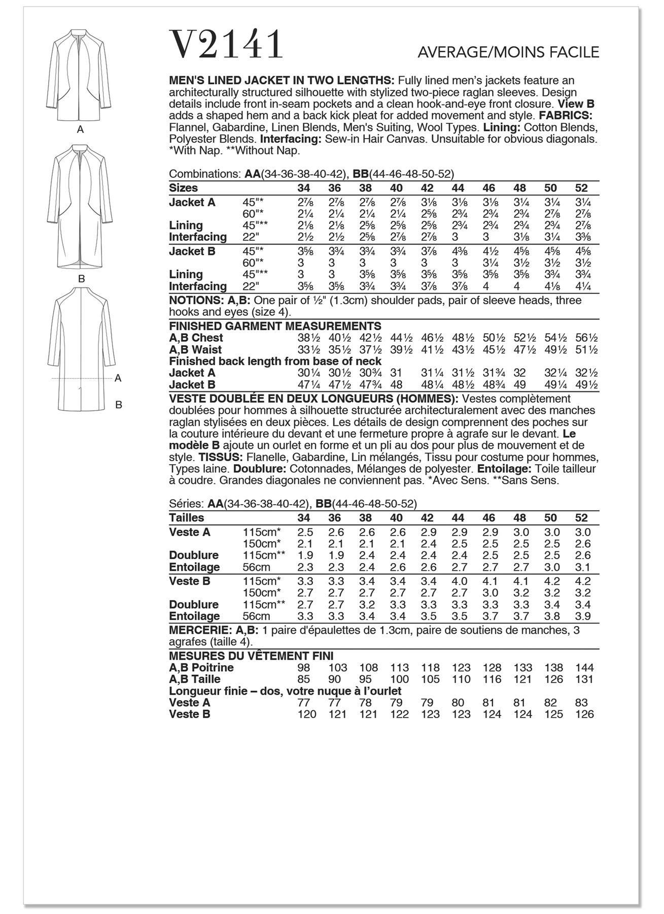 Vogue Patterns Men's Lined Jacket in Two Lengths 7 Vogue Patterns Men's Lined Jacket in Two Lengths
