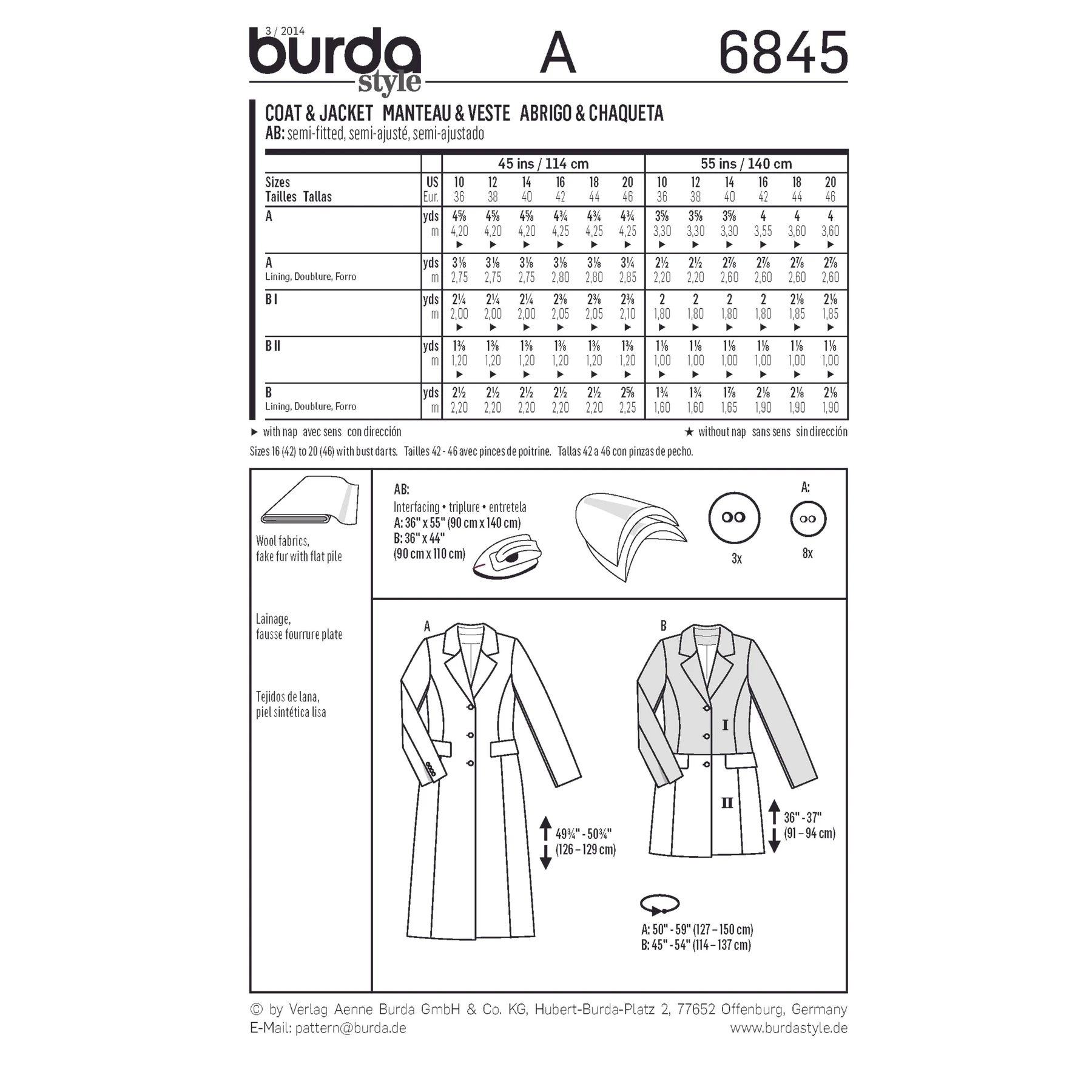 Burda Style Sewing Pattern Jacket & Coat