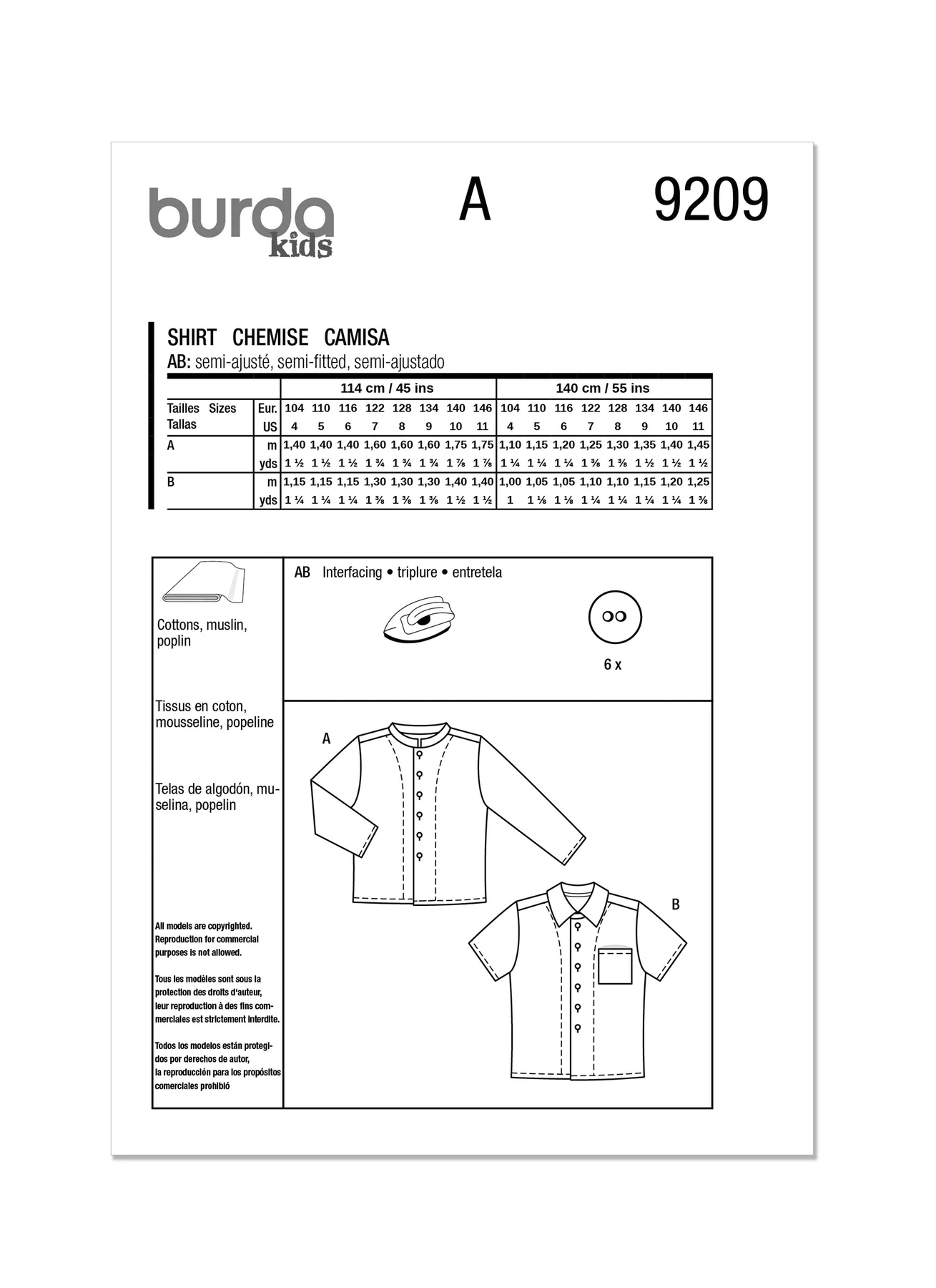Burda Style Sewing Pattern 9209 Children's Shirt 8 Burda Style Sewing Pattern 9209 Children's Shirt