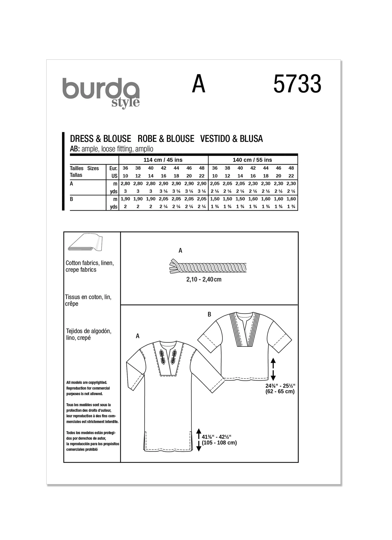 Burda Style Sewing Pattern 5733 Misses' Dress & Blouse 10 Burda Style Sewing Pattern 5733 Misses' Dress & Blouse